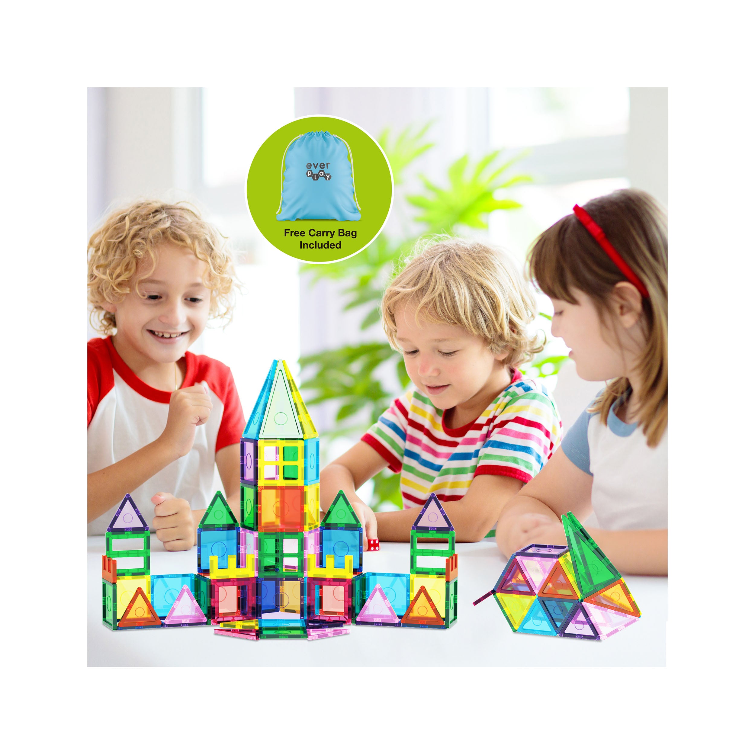 EverPlay 101pc Magnet Tile Building Blocks with Car Base Drawstring Carry Bag