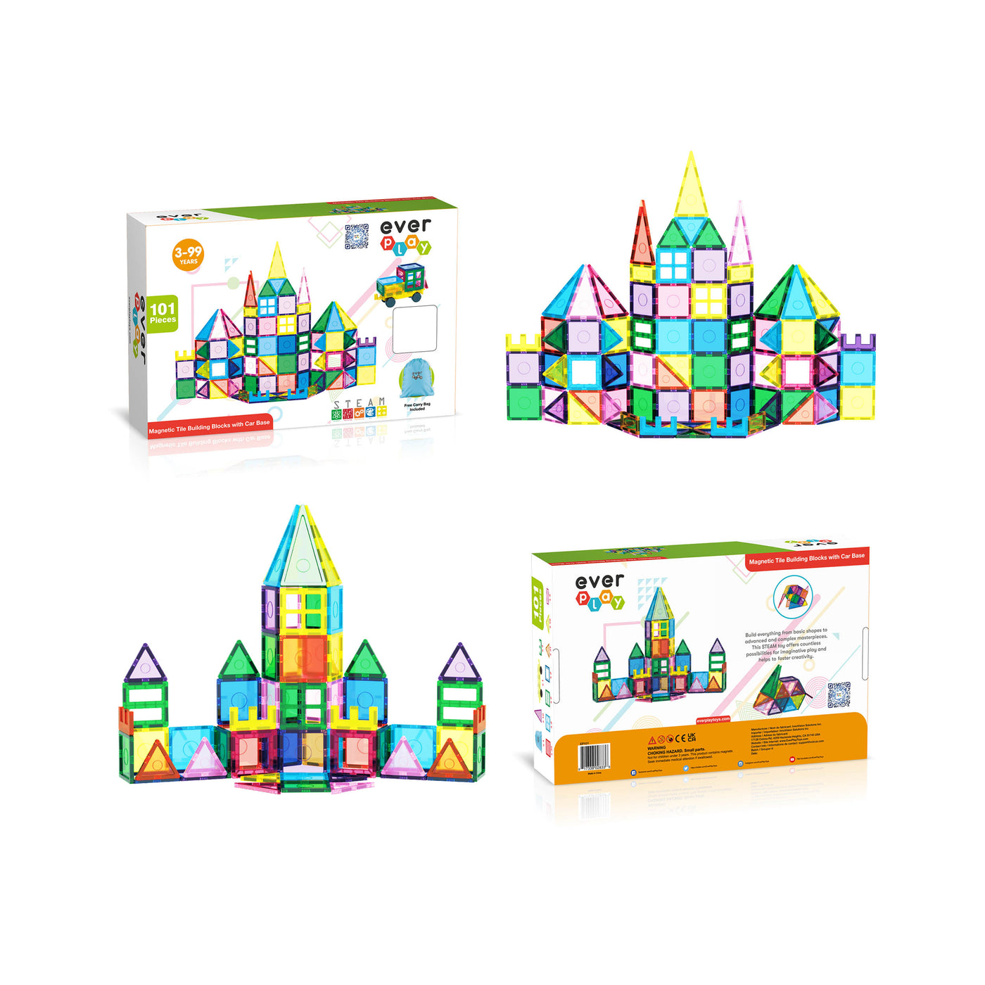 EverPlay 101pc Magnet Tile Building Blocks with Car Base Drawstring Carry Bag