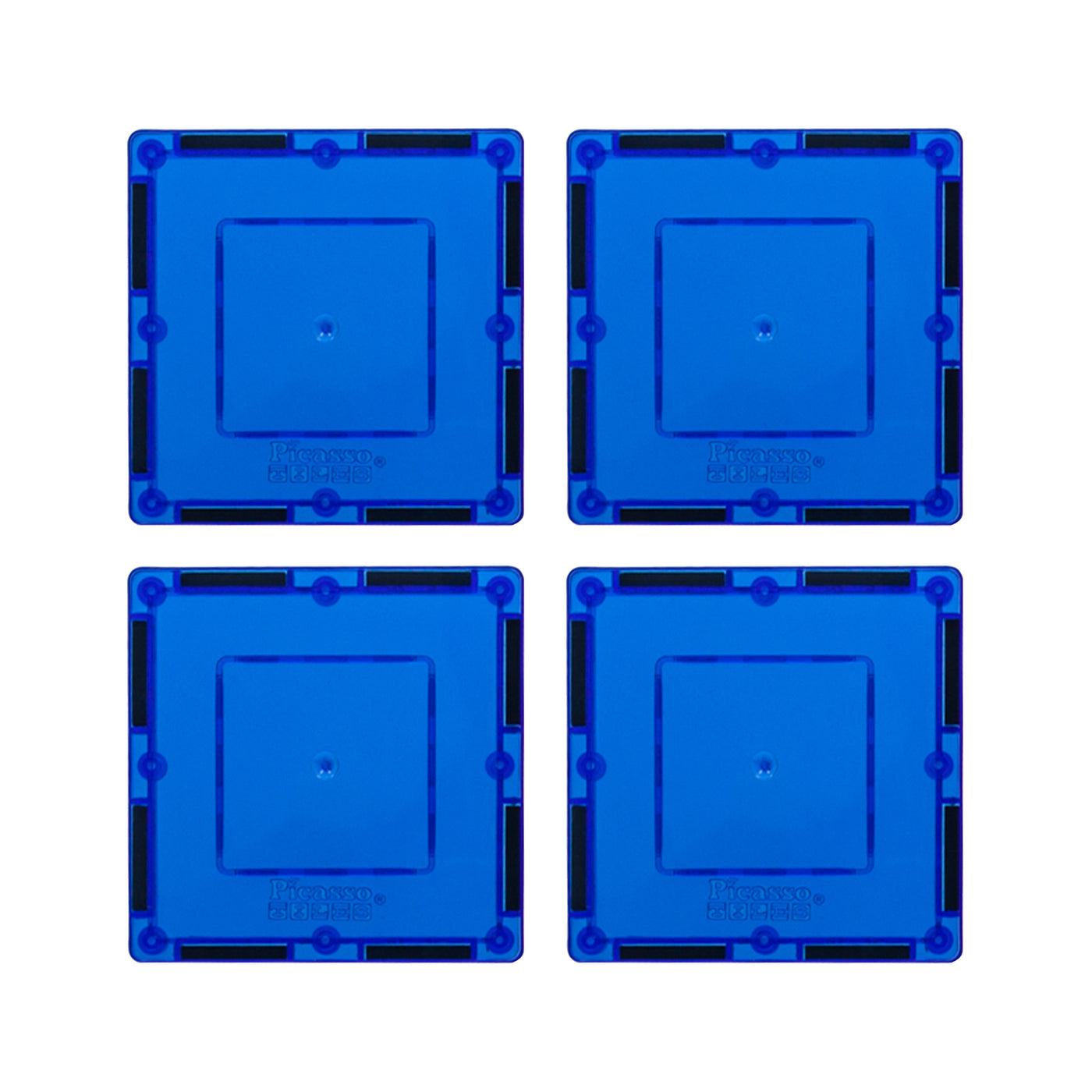 PicassoTiles 4 Piece 3" x 3" Blue Square Magnetic Tiles