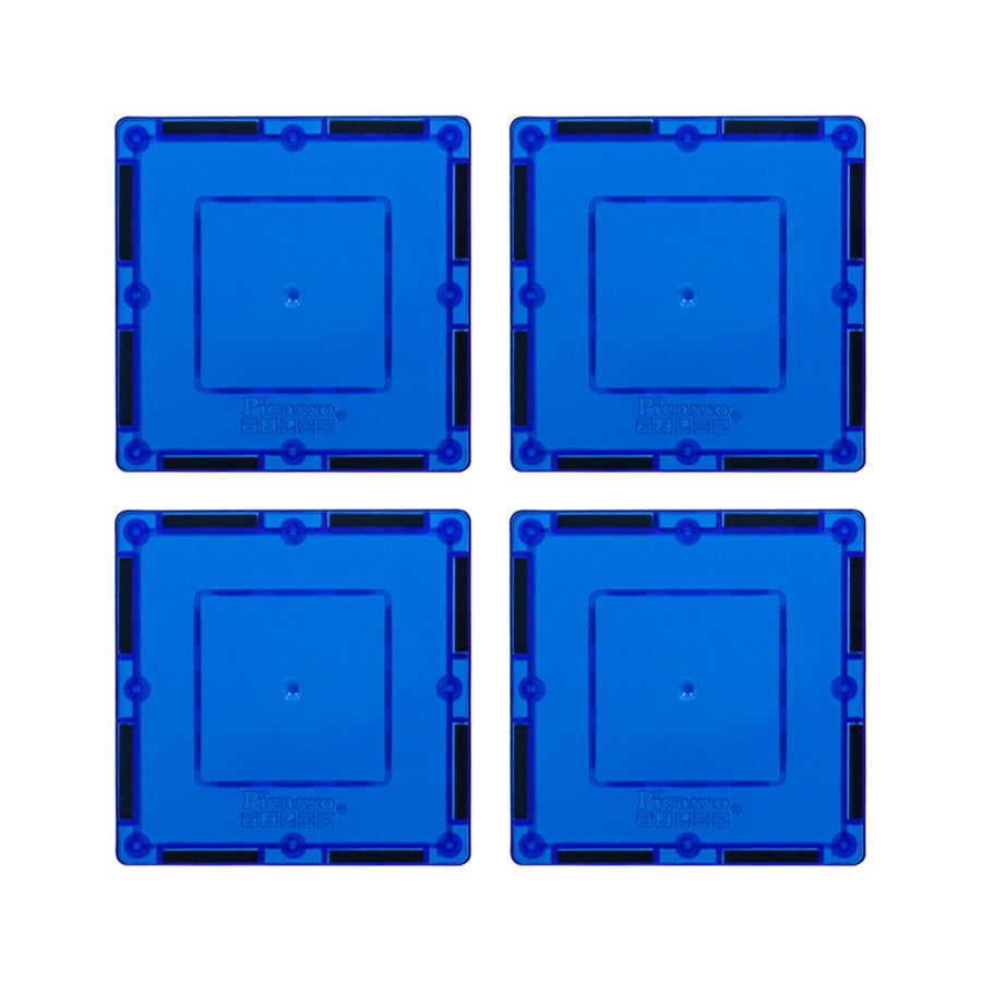 PicassoTiles 4 Piece 3" x 3" Blue Square Magnetic Tiles