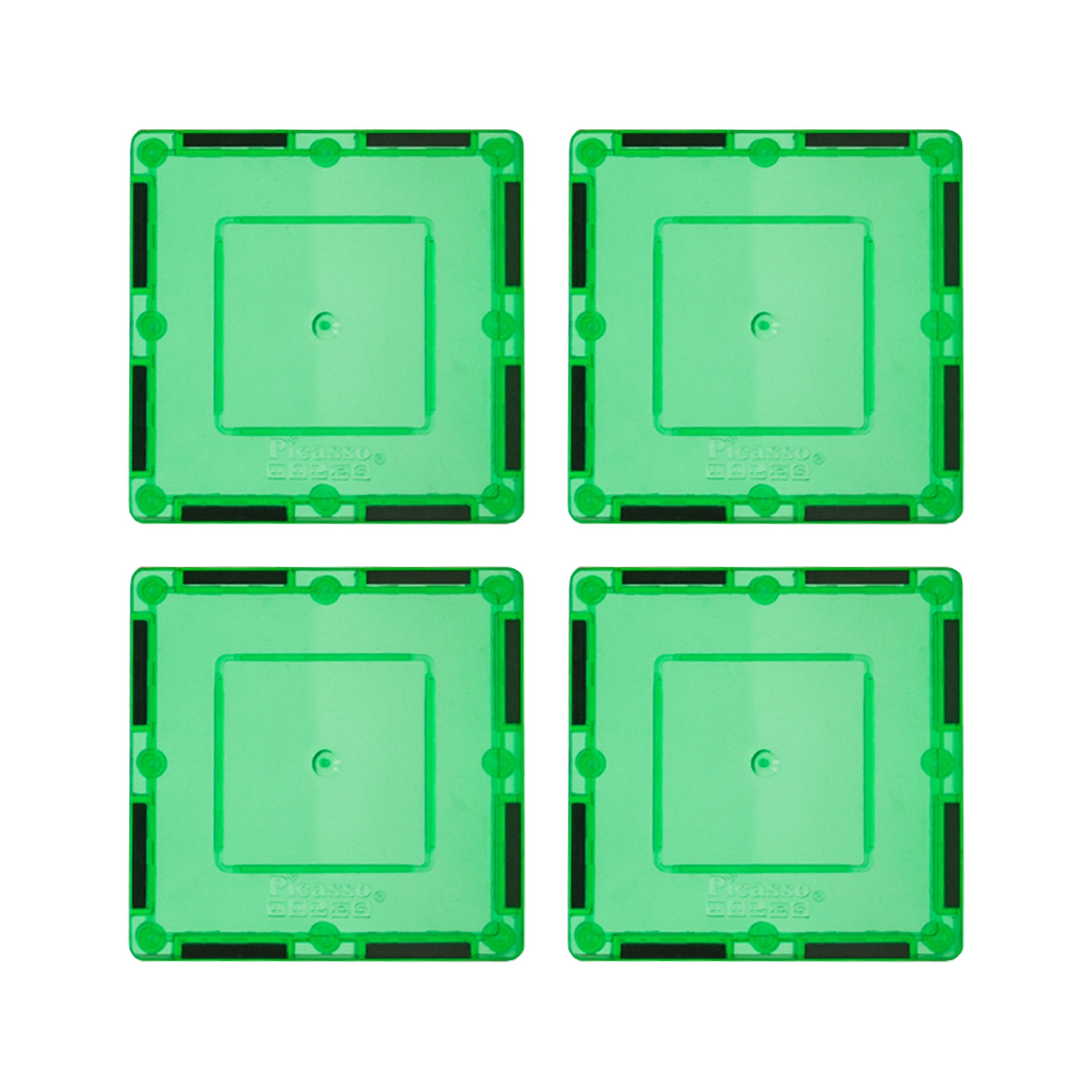 PicassoTiles 4 Piece 3" x 3" Green Square Magnetic Tiles