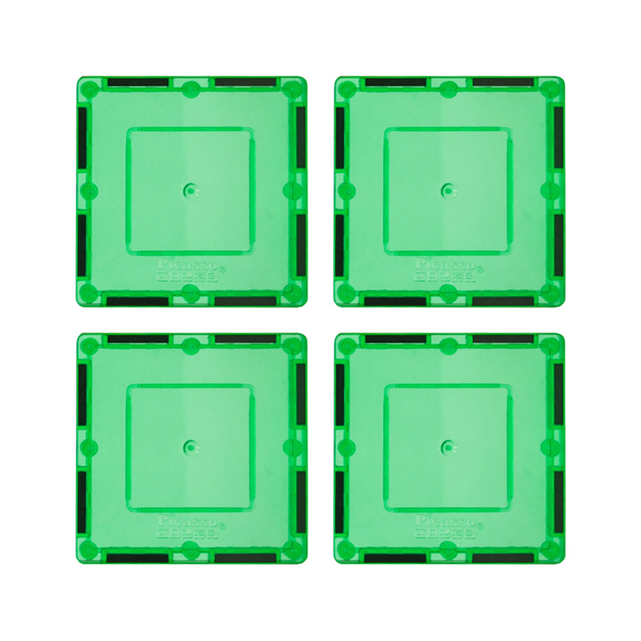 PicassoTiles 4 Piece 3" x 3" Green Square Magnetic Tiles