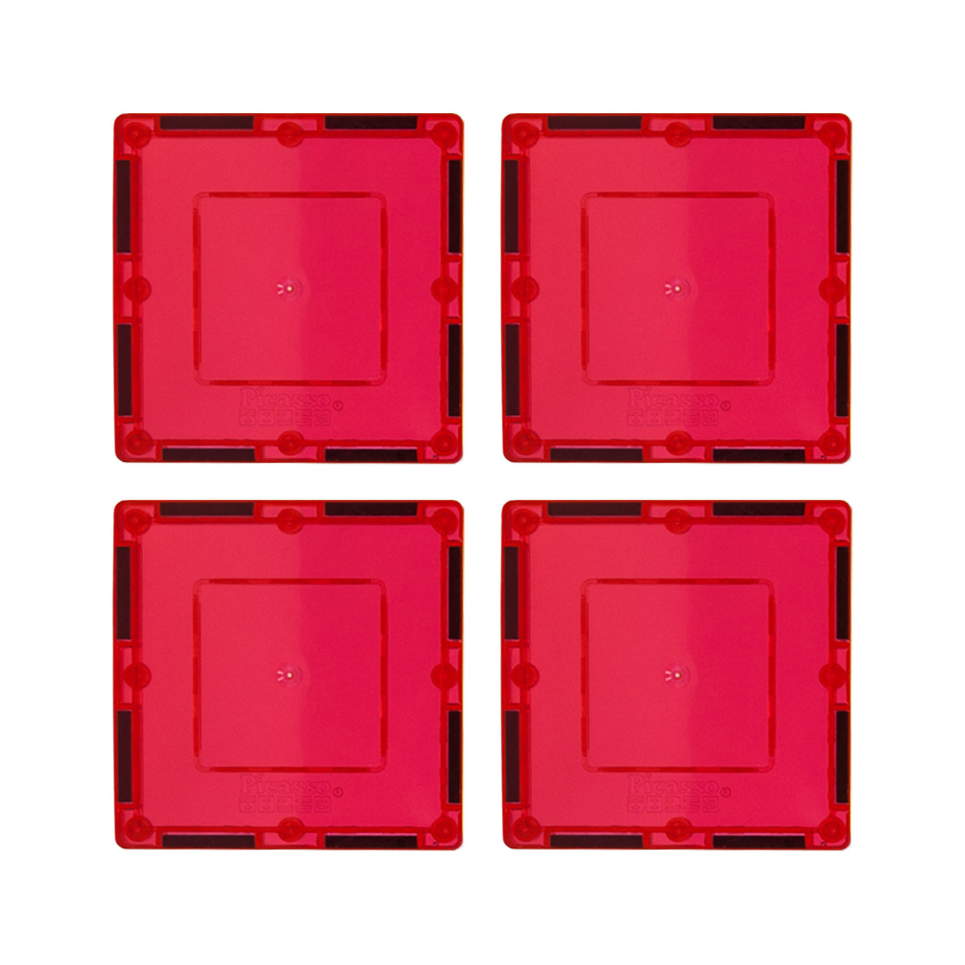PicassoTiles 4 Piece 3" x 3" Red Square Magnetic Tiles