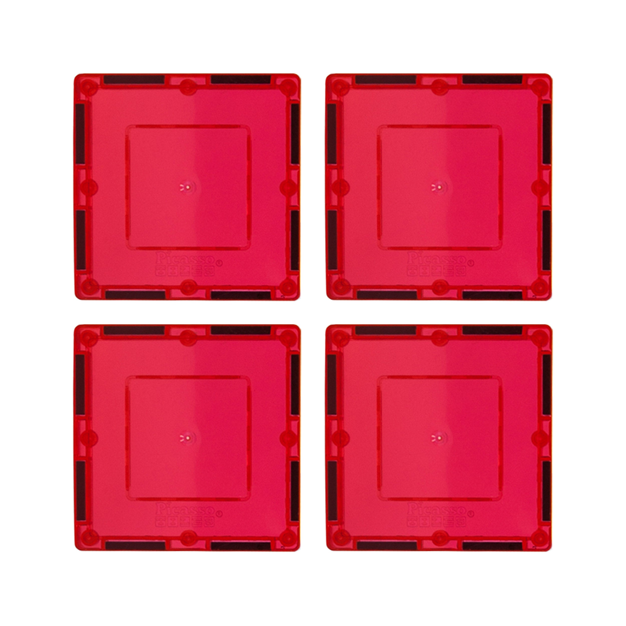PicassoTiles 4 Piece 3" x 3" Red Square Magnetic Tiles