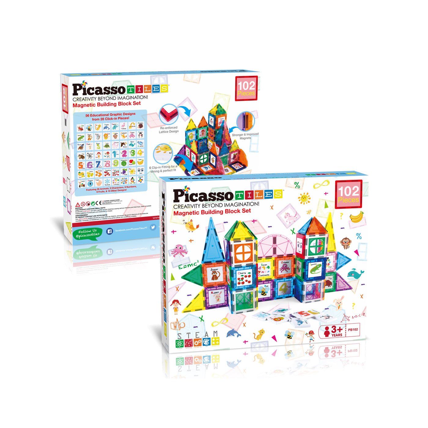 PicassoTiles 102 Piece Magnetic Building Tile Set w/Educational Artwork Graphics