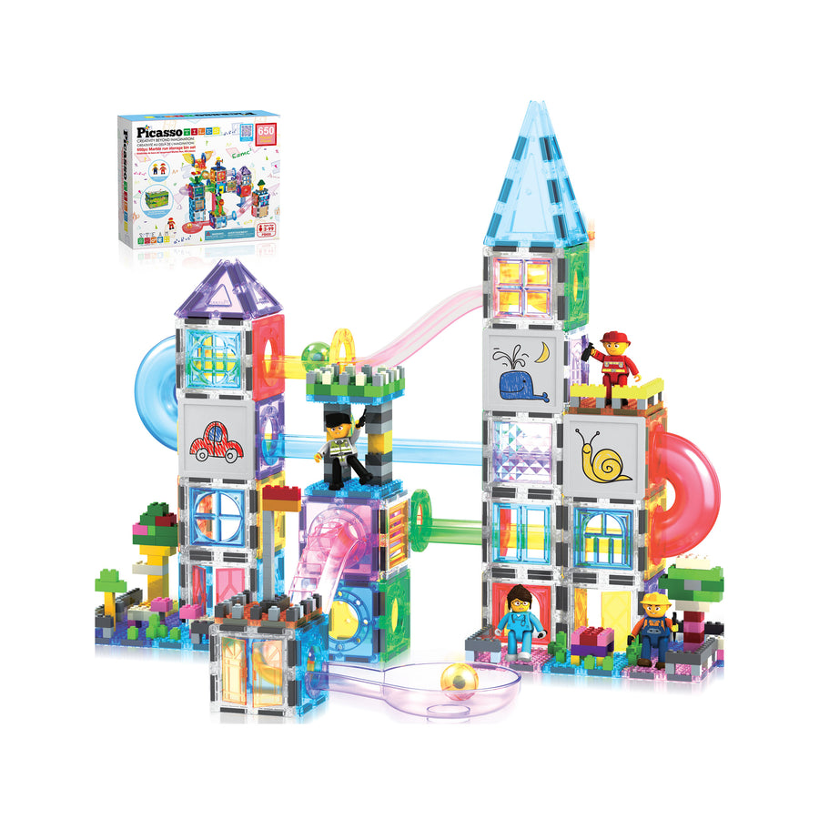 PicassoTiles 3-in-1 Marble Run, Magnetic Tiles, and Interlocking Bricks Set with Storage Bin - 650 Pieces