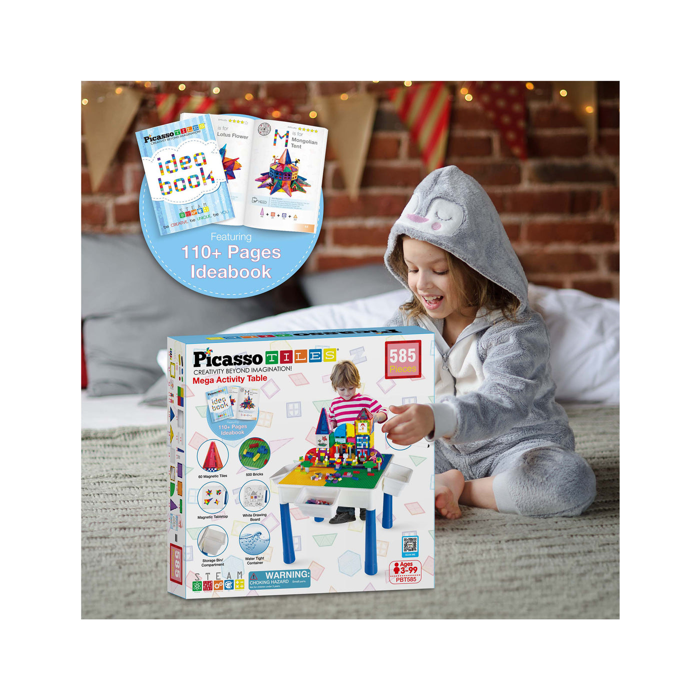 PicassoTiles 585 Piece Mega Activity Center Table Kids All-in-1