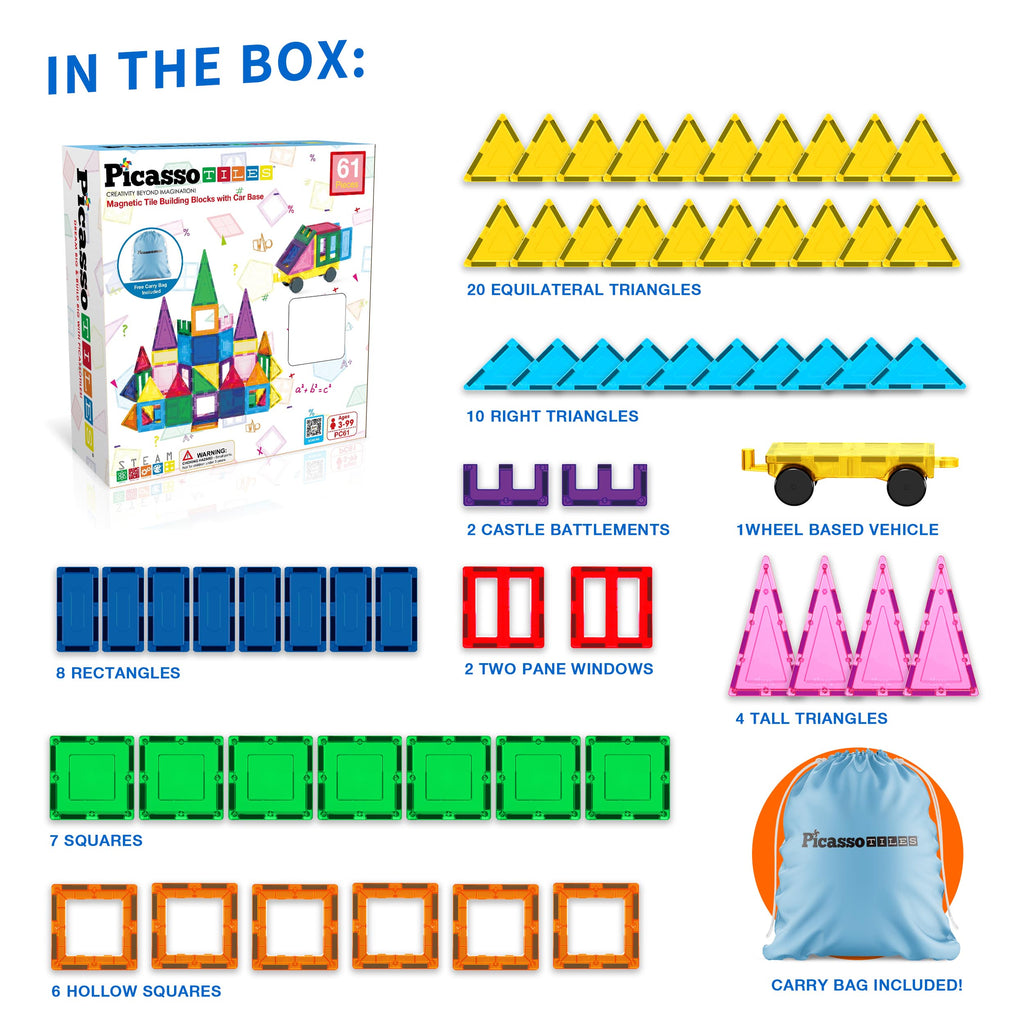 PicassoTiles 61pc Magnet Tile Building Blocks Toy Set with Car Base  Drawstring Carry Bag - PC61