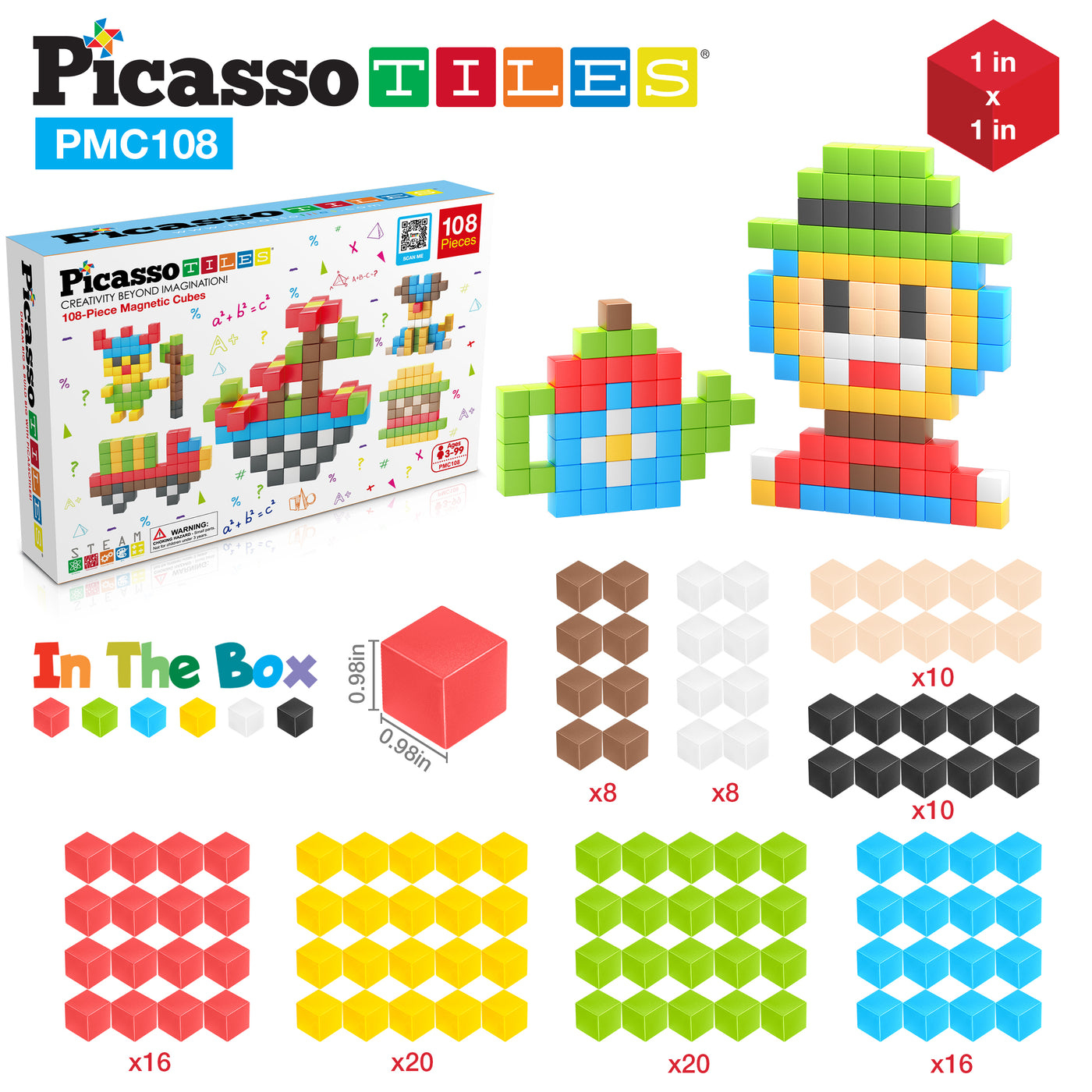 PicassoTiles Magnetic Puzzle Cubes 108 Pieces PMC108 with FREE Ideabook