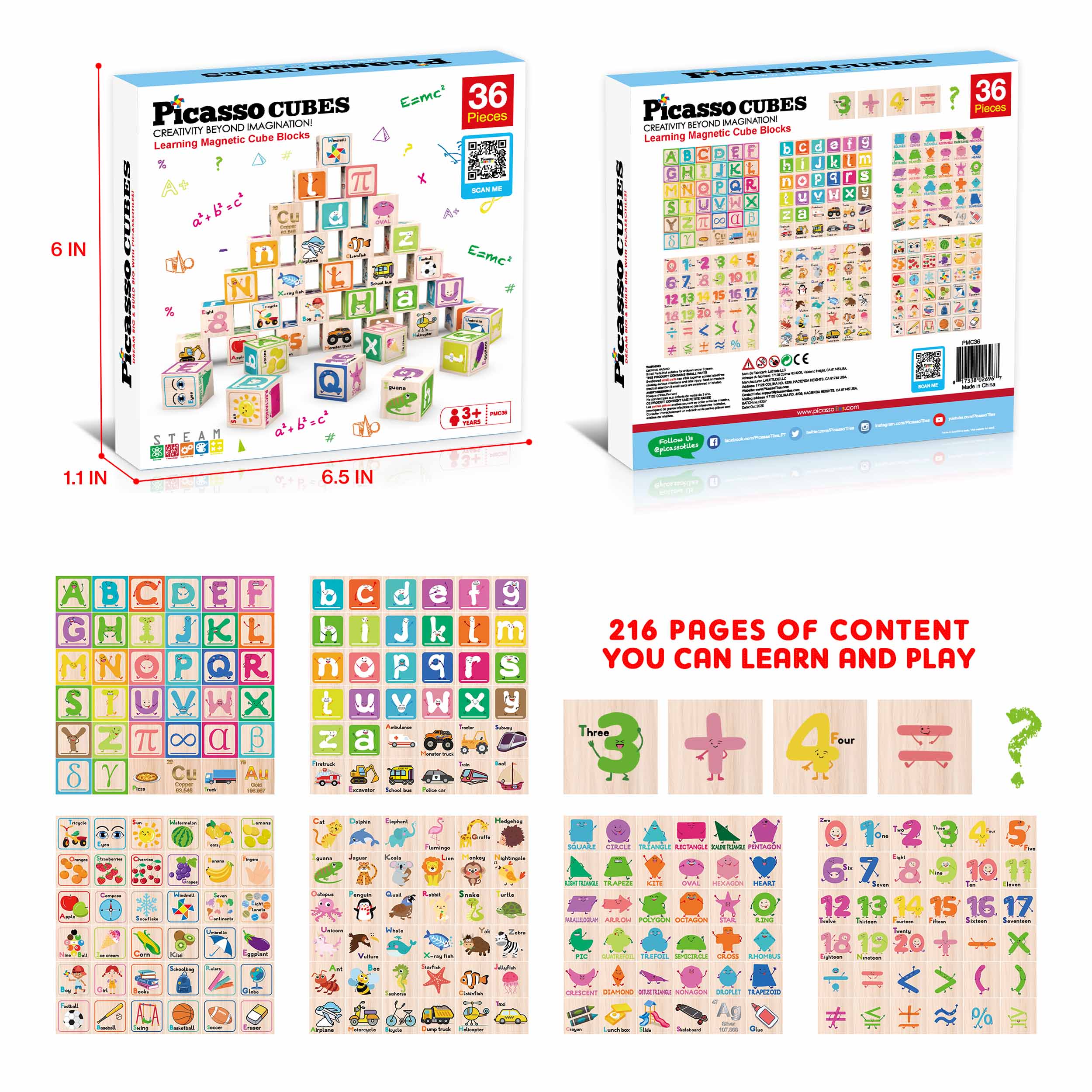 PicassoTiles 36 Piece Magnetic Cubes Alphabet & Numbers