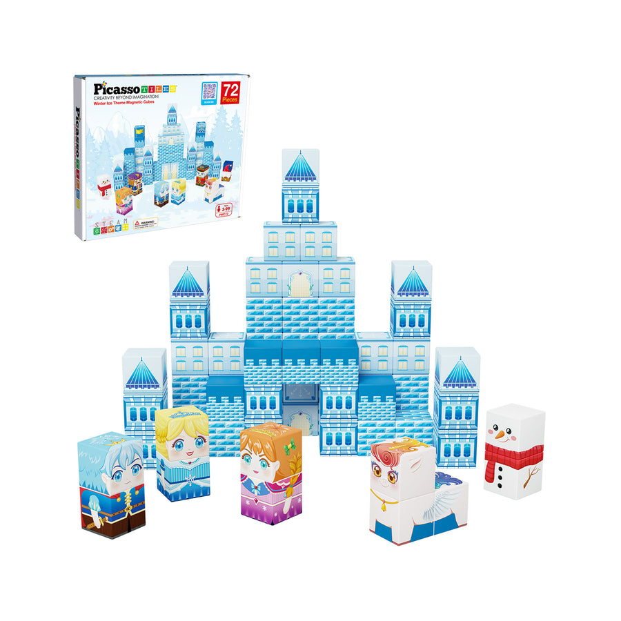 PicassoTiles Winter Ice Castle Magnetic Building Block Cubes with Characters