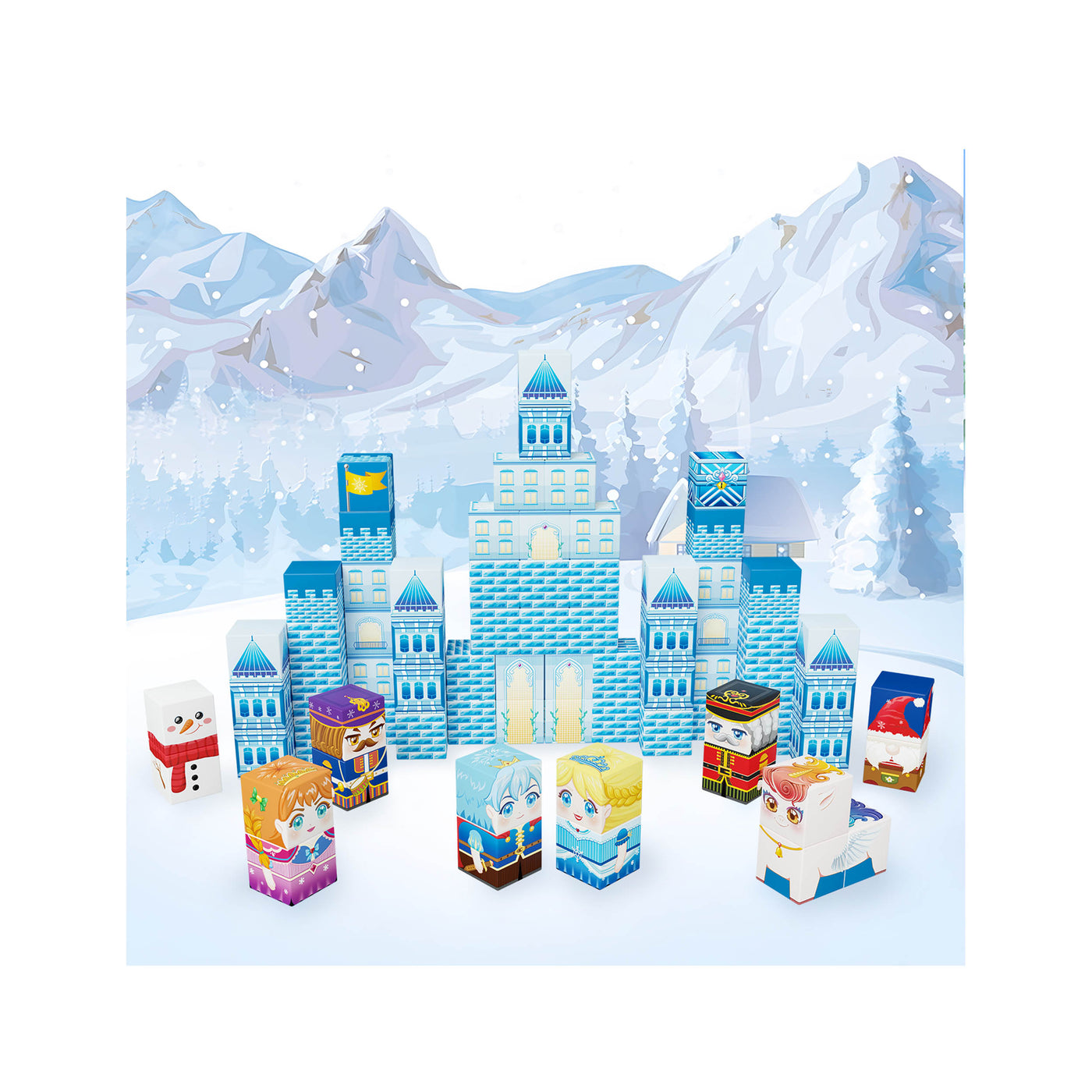 PicassoTiles Winter Ice Castle Magnetic Building Block Cubes with Characters