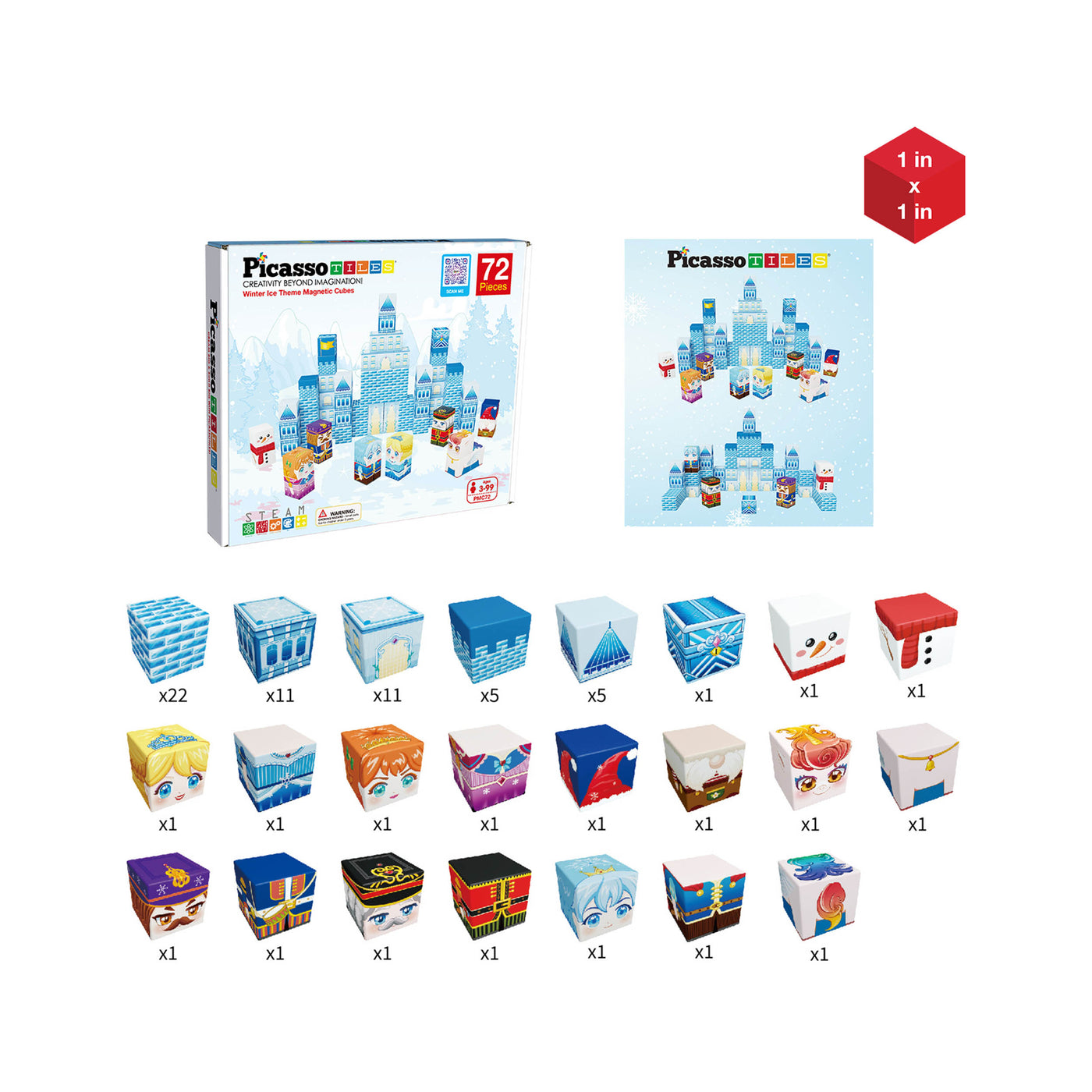 PicassoTiles Winter Ice Castle Magnetic Building Block Cubes with Characters