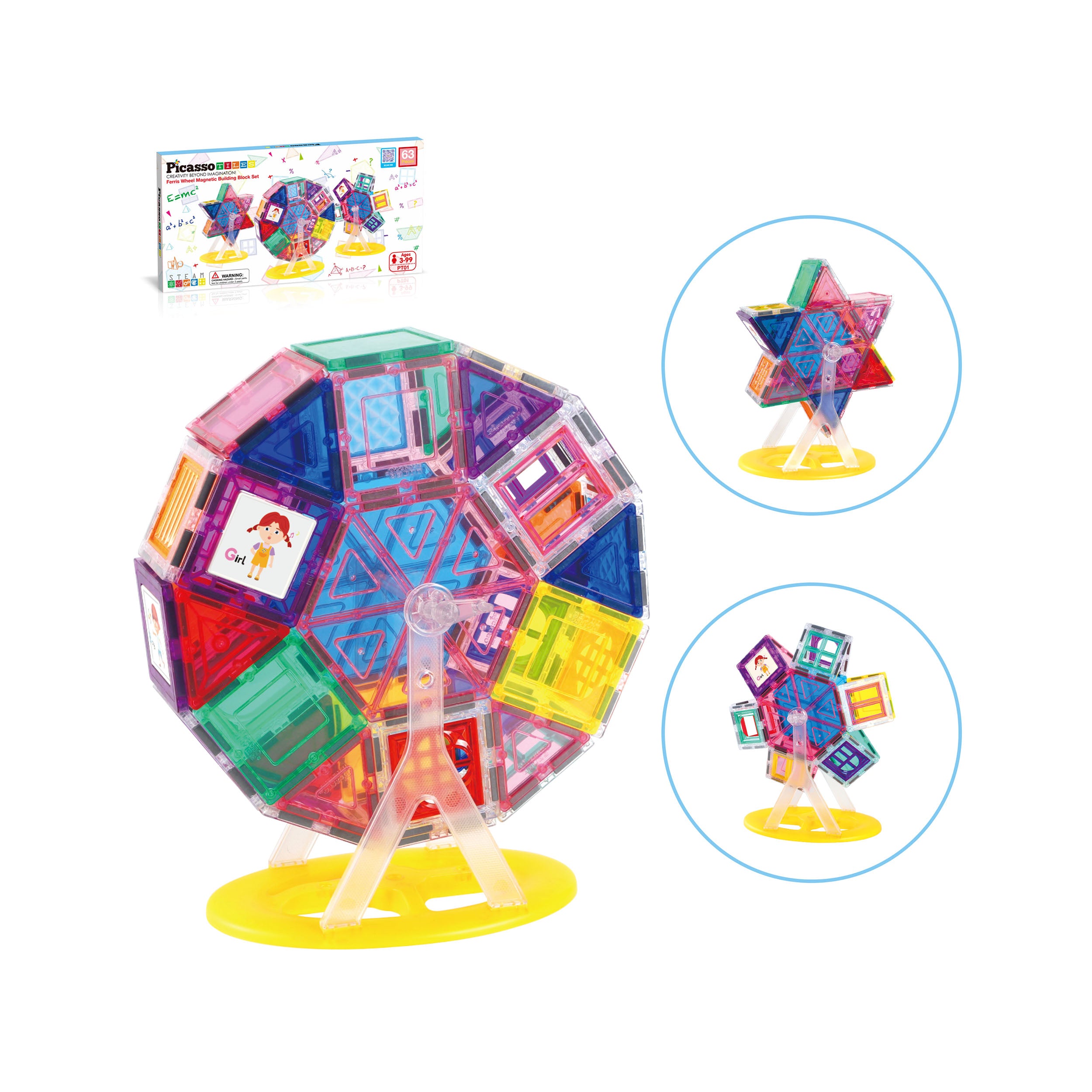 PicassoTiles Magnet Tile Building Blocks Ferris Wheel Rotating Playset