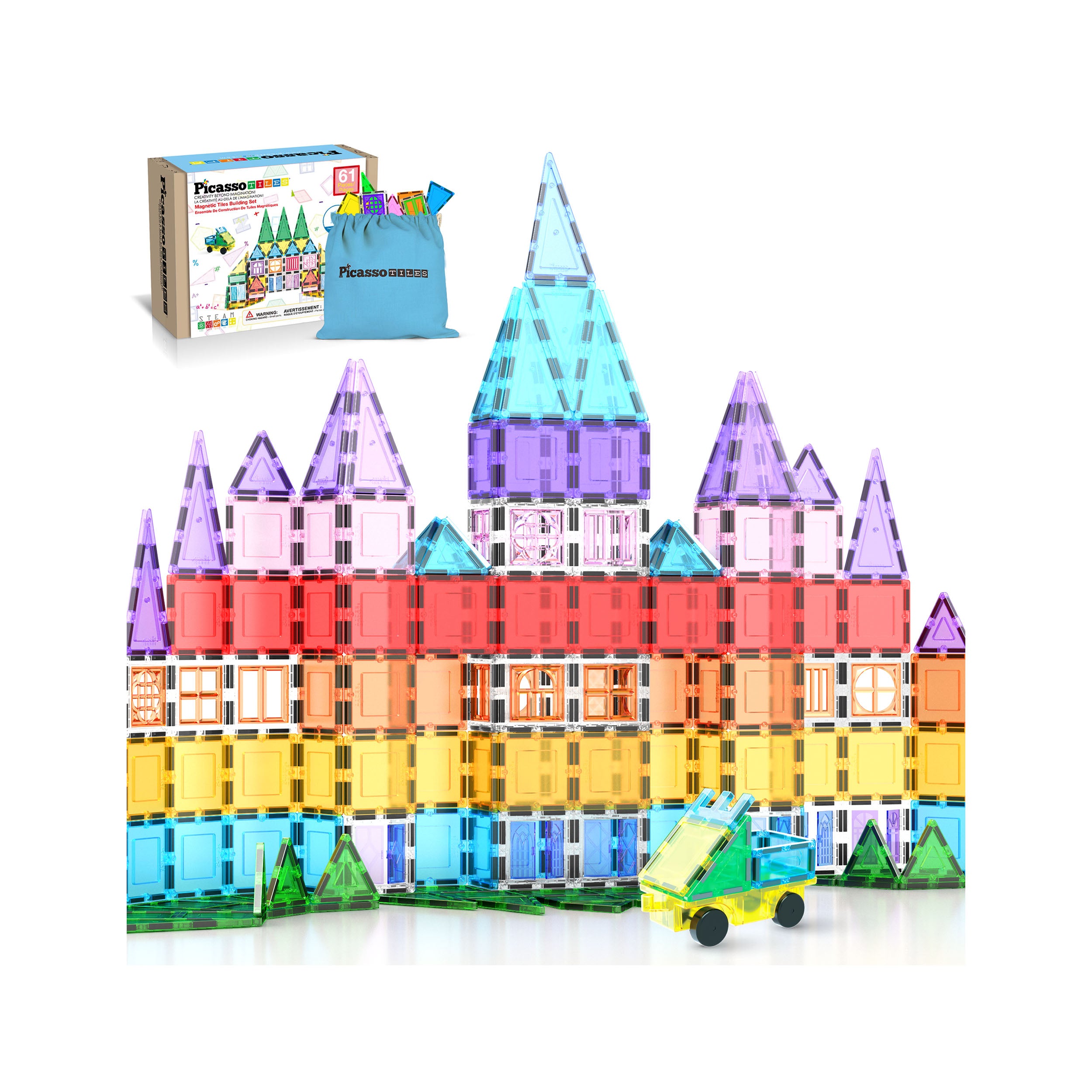 PicassoTiles 61-Piece Magnetic Building Blocks Set  STEM Toy with Storage Bag