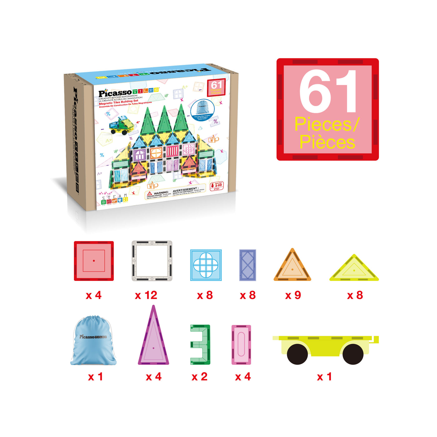 PicassoTiles 61-Piece Magnetic Building Blocks Set  STEM Toy with Storage Bag