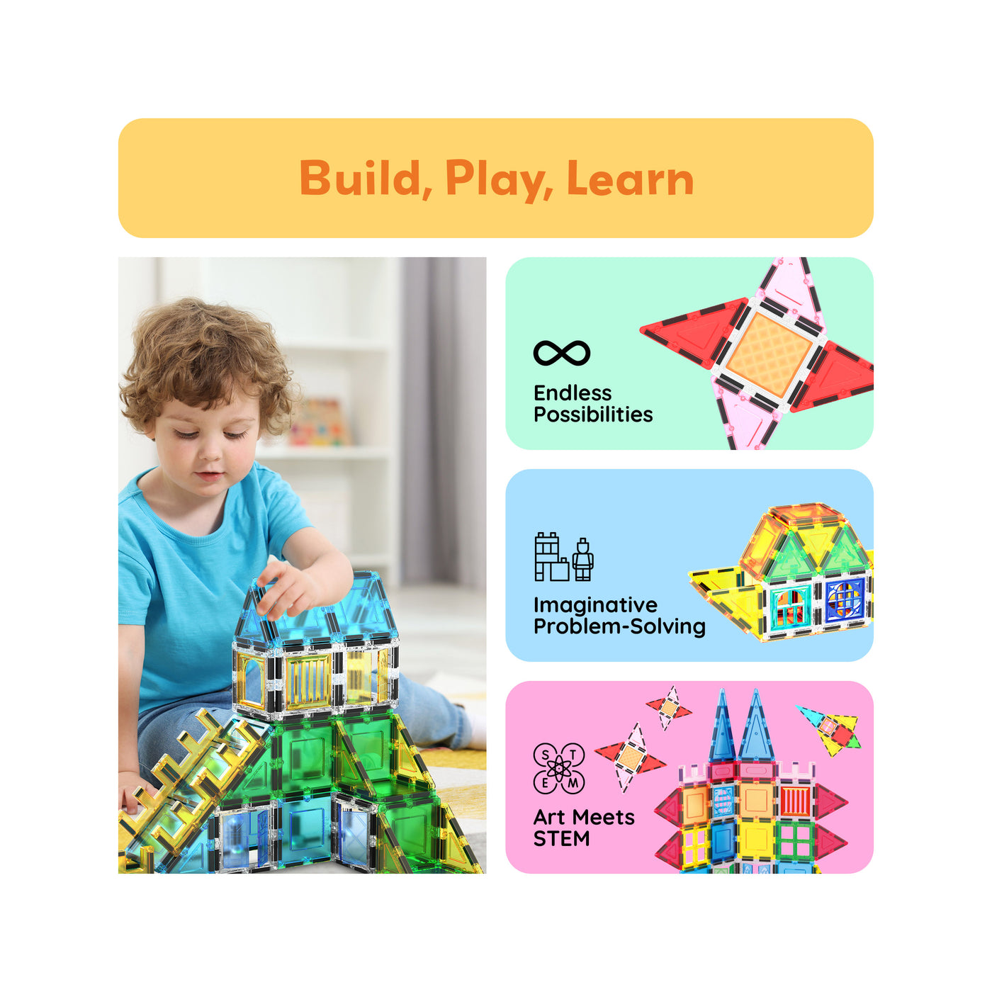 PicassoTiles 61-Piece Magnetic Building Blocks Set  STEM Toy with Storage Bag