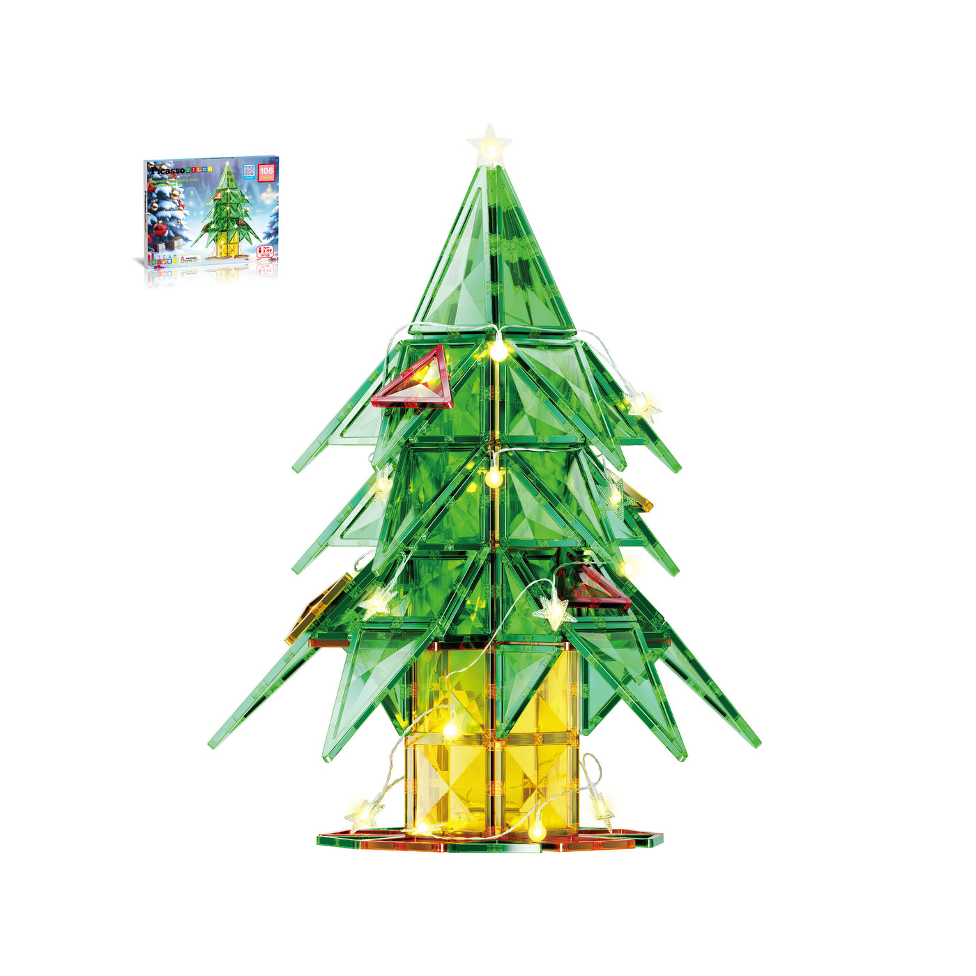 PicassoTiles - Christmas Tree Magnetic Tiles Set with String Lights - 106 Pieces