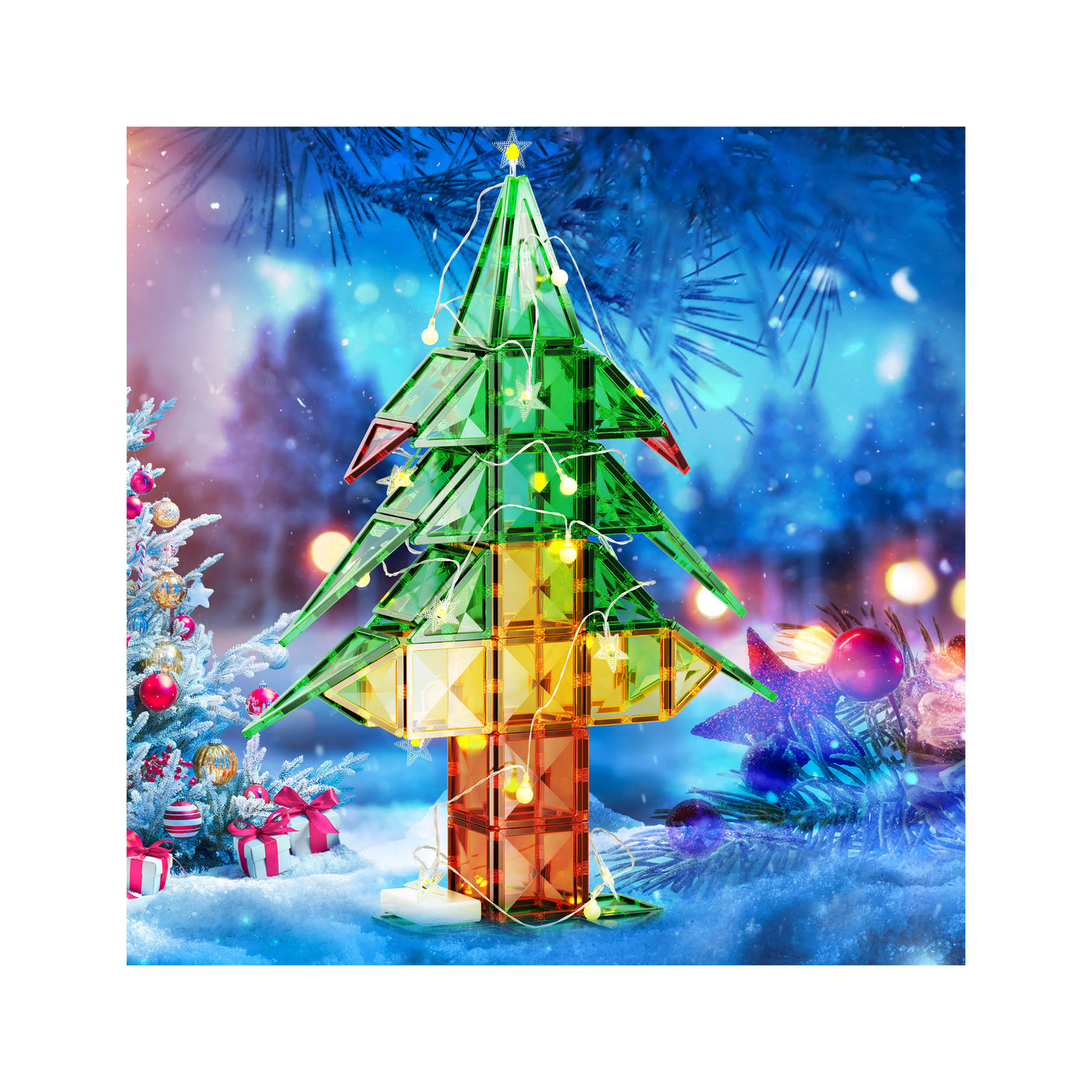 PicassoTiles - Christmas Tree Magnetic Tiles Set with String Lights - 106 Pieces