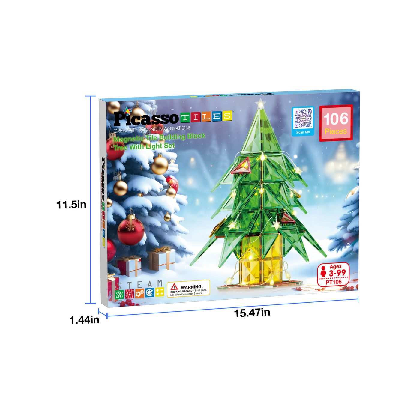 PicassoTiles - Christmas Tree Magnetic Tiles Set with String Lights - 106 Pieces