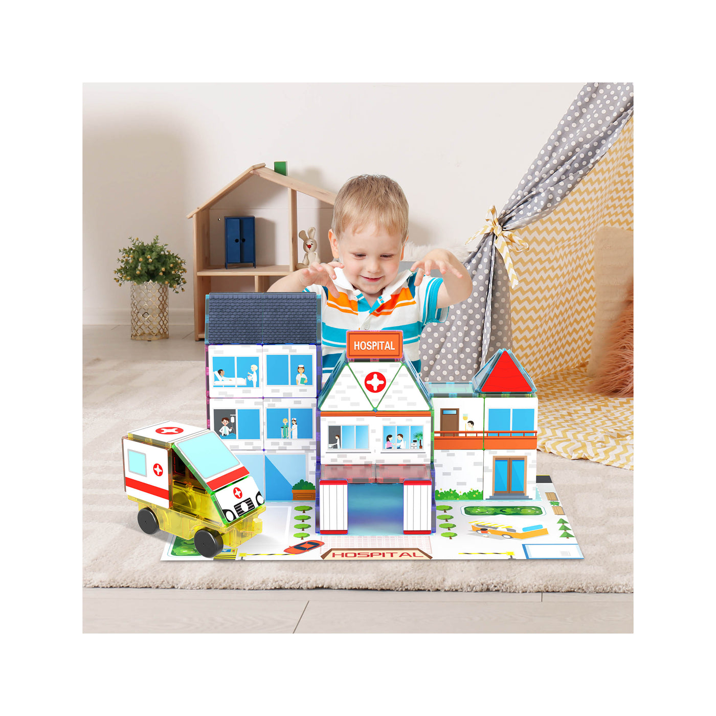 PicassoTiles Imaginative Magnet Tile Cityscape Set with Adhesive Backings