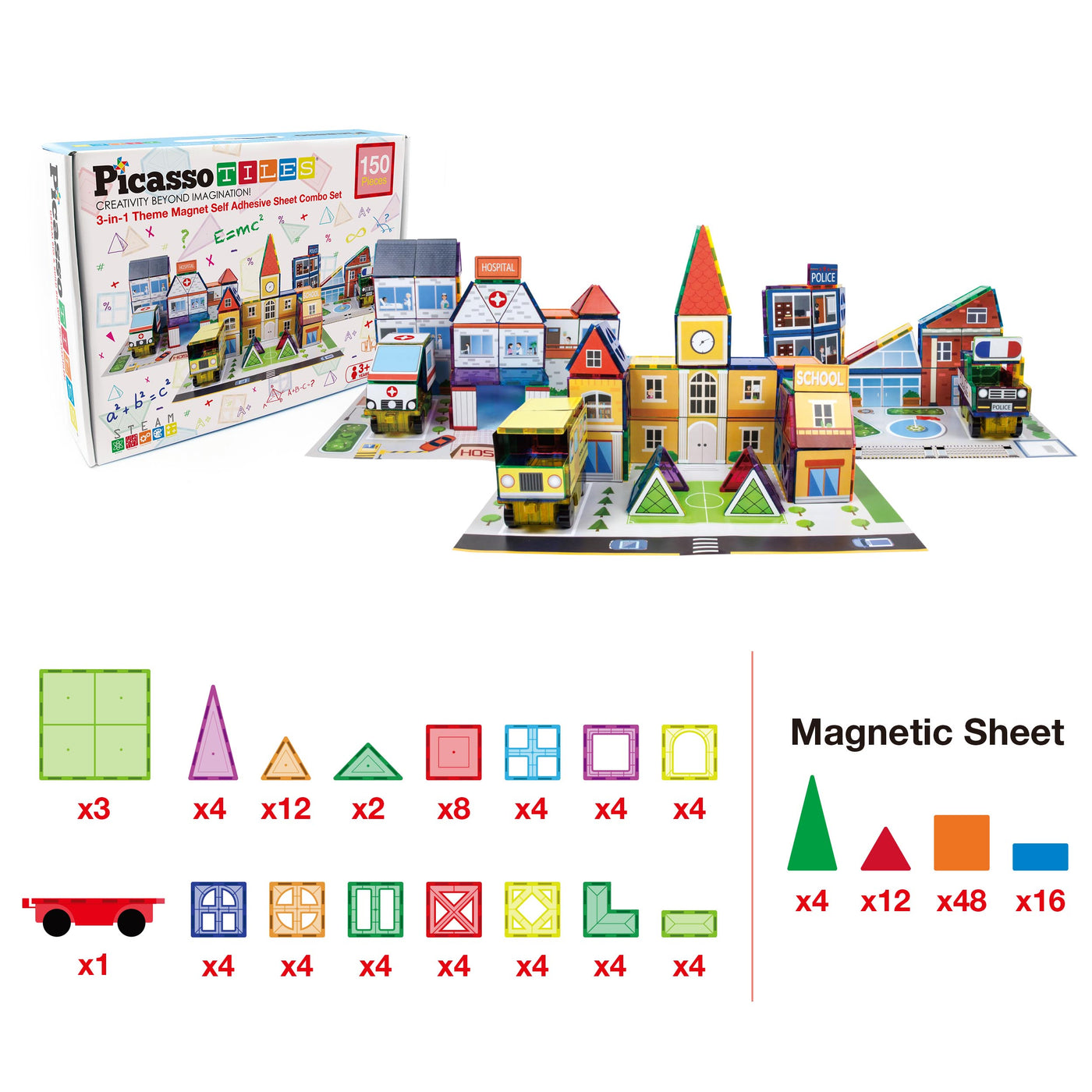 PicassoTiles Imaginative Magnet Tile Cityscape Set with Adhesive Backings