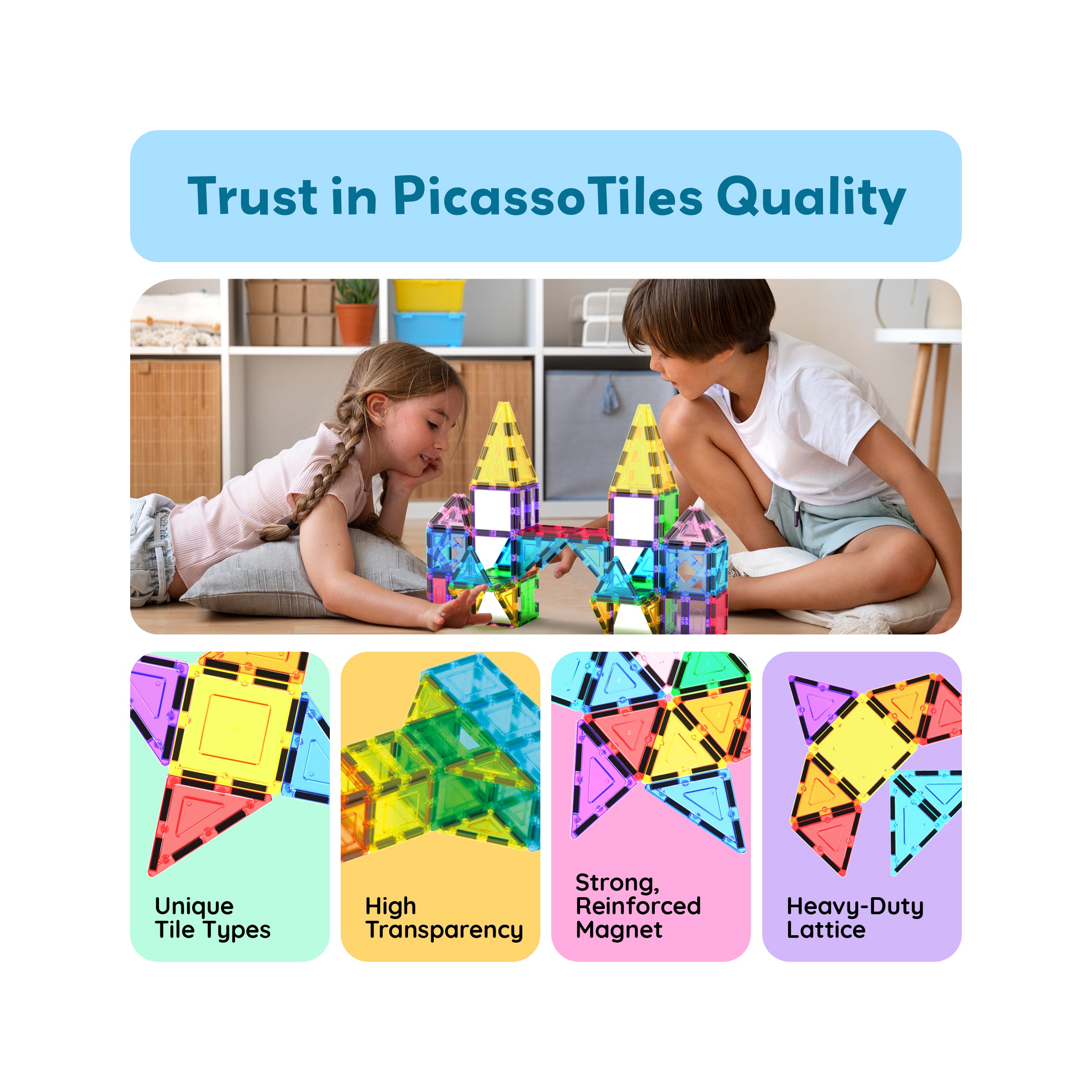 PicassoTiles Magnetic Tile Block Design and Mirror Building Set - 152 Pieces