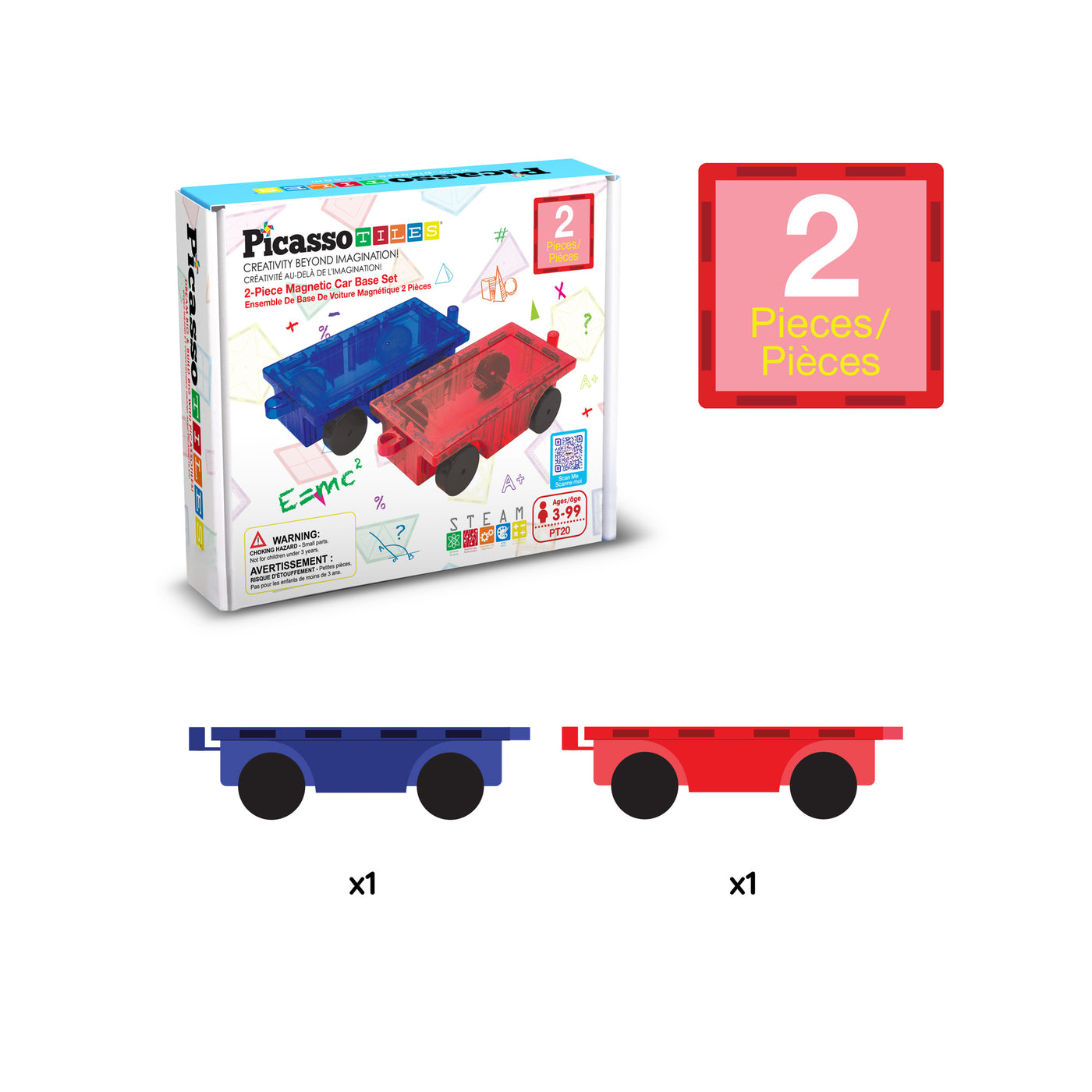 PicassoTiles 2 Piece Magnetic Tiles Car Truck Base Add On Toy Set