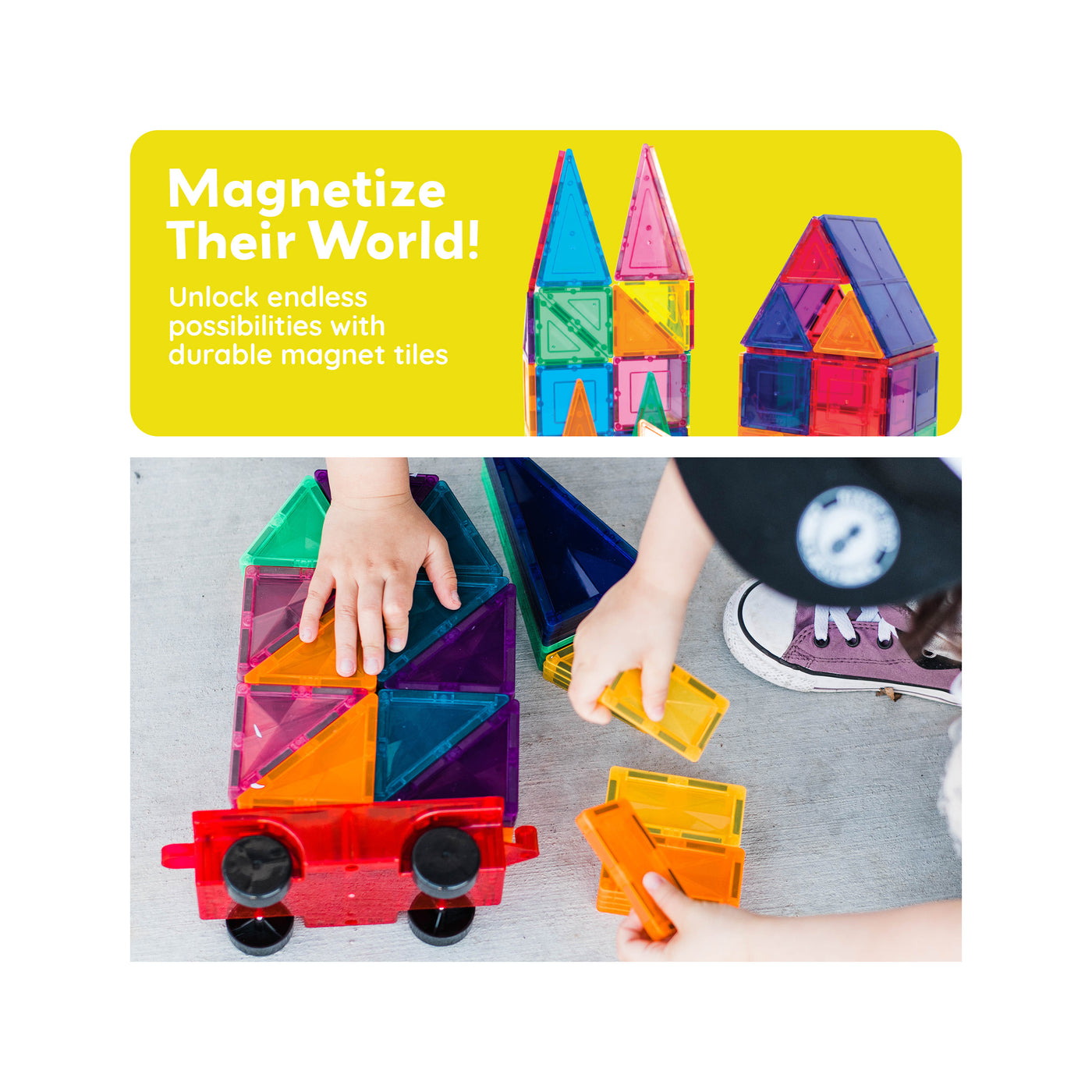 PicassoTiles 2 Piece Magnetic Tiles Car Truck Base Add On Toy Set