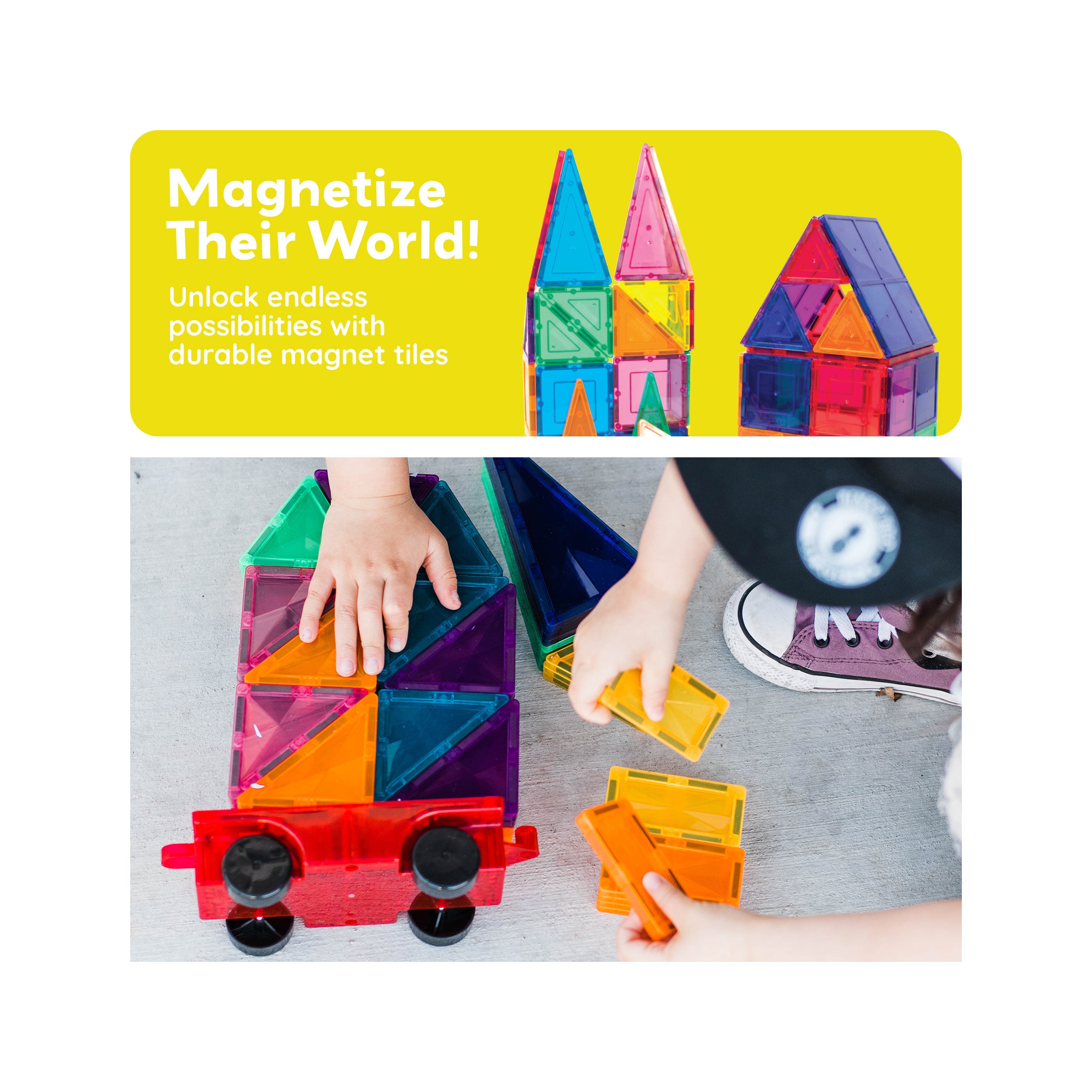 PicassoTiles 2 Piece Magnetic Tiles Car Truck Base Add On Toy Set