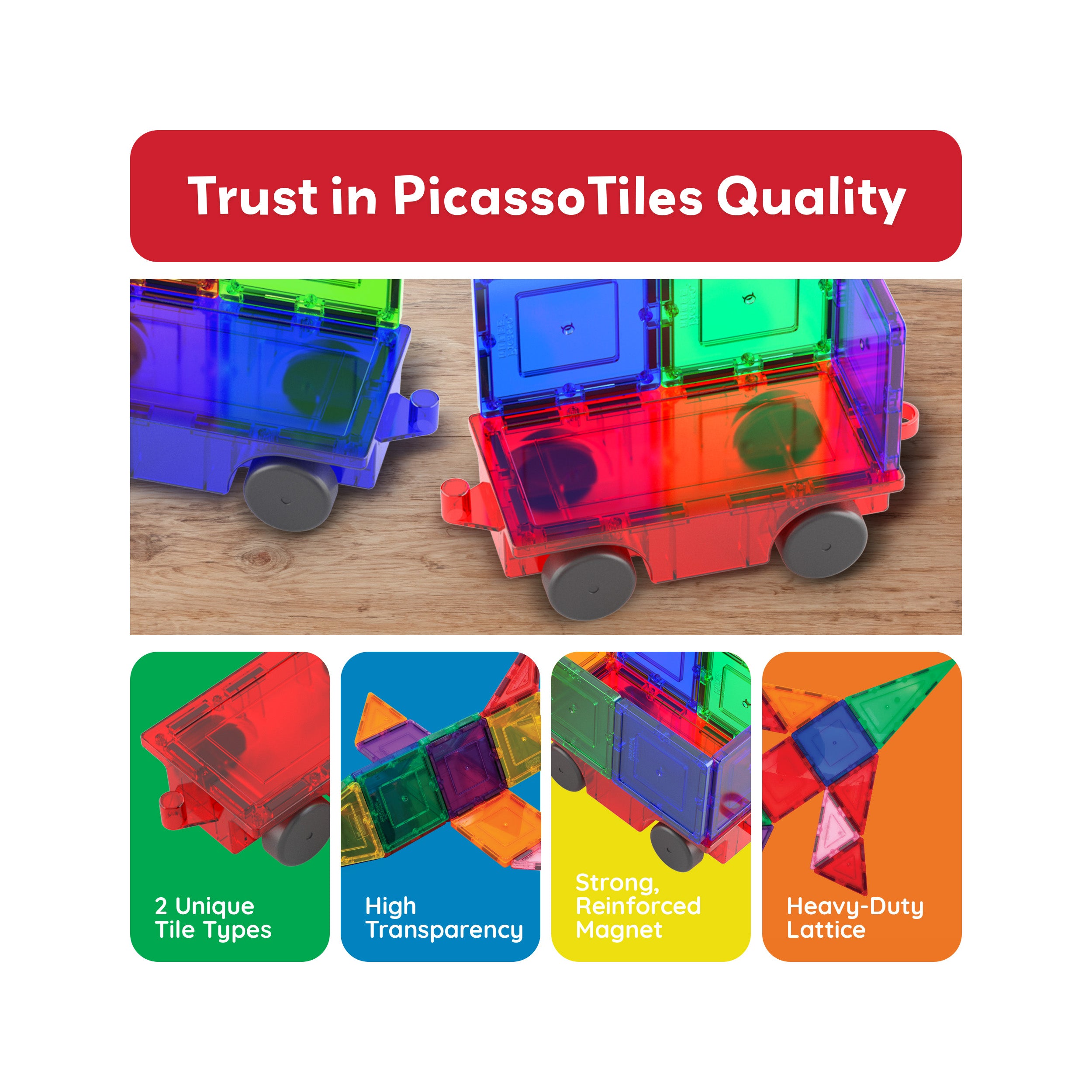 PicassoTiles 2 Piece Magnetic Tiles Car Truck Base Add On Toy Set