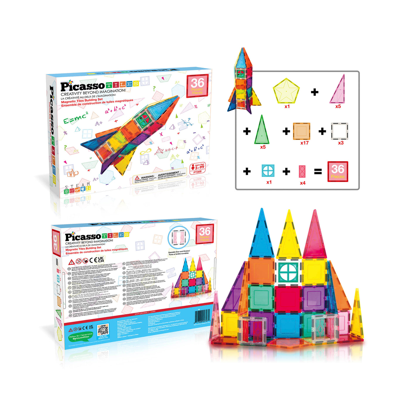 PicassoTiles 36pc Rocket Ship Magnetic Building Block Set