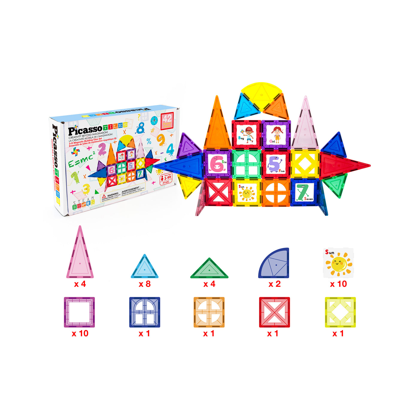 PicassoTiles Magnet Tile Toy Click-In Graphic Art Piece Set - 42 Pieces