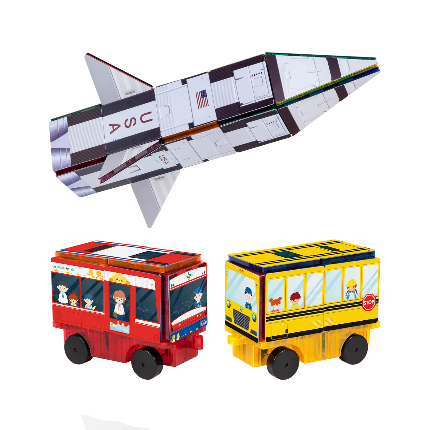 PicassoTiles 3in1 Rocket, Train, and Bus with Stick on Designs