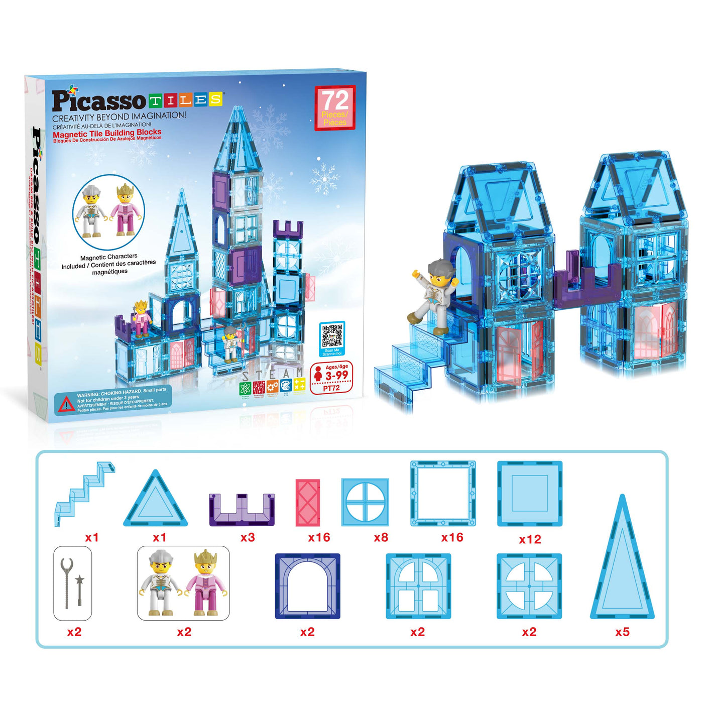 PicassoTiles 72pc Ice Castle Magnet Building Tiles with Characters