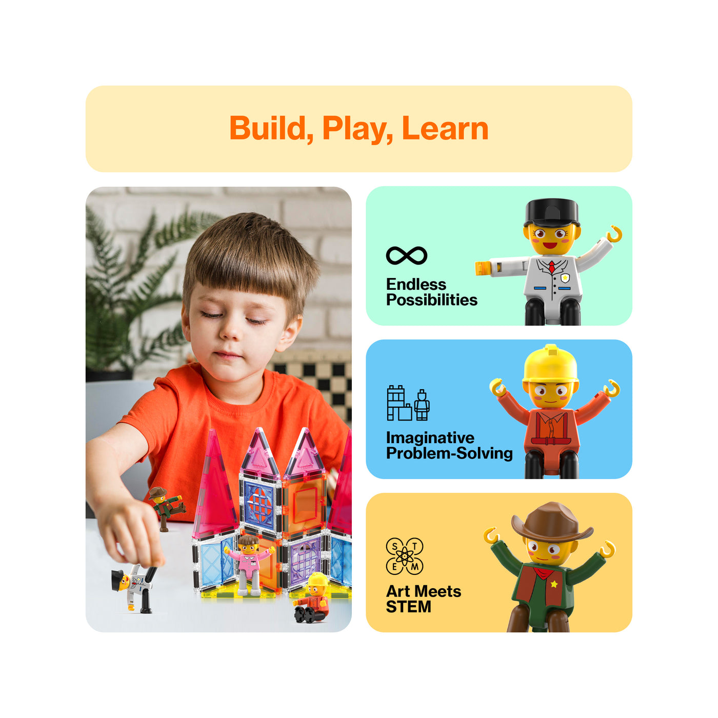 PicassoTiles 4 Piece Career Character Action Figure Magnet Tile Playset