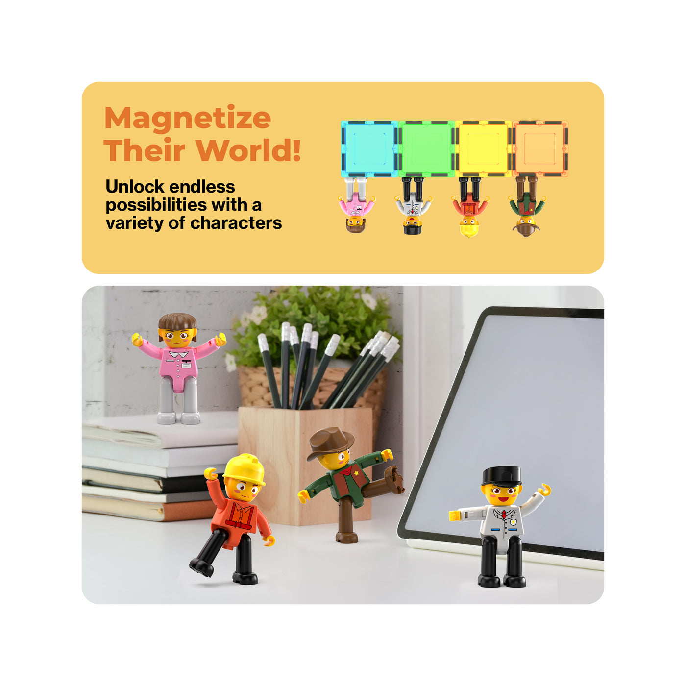 PicassoTiles 4 Piece Career Character Action Figure Magnet Tile Playset