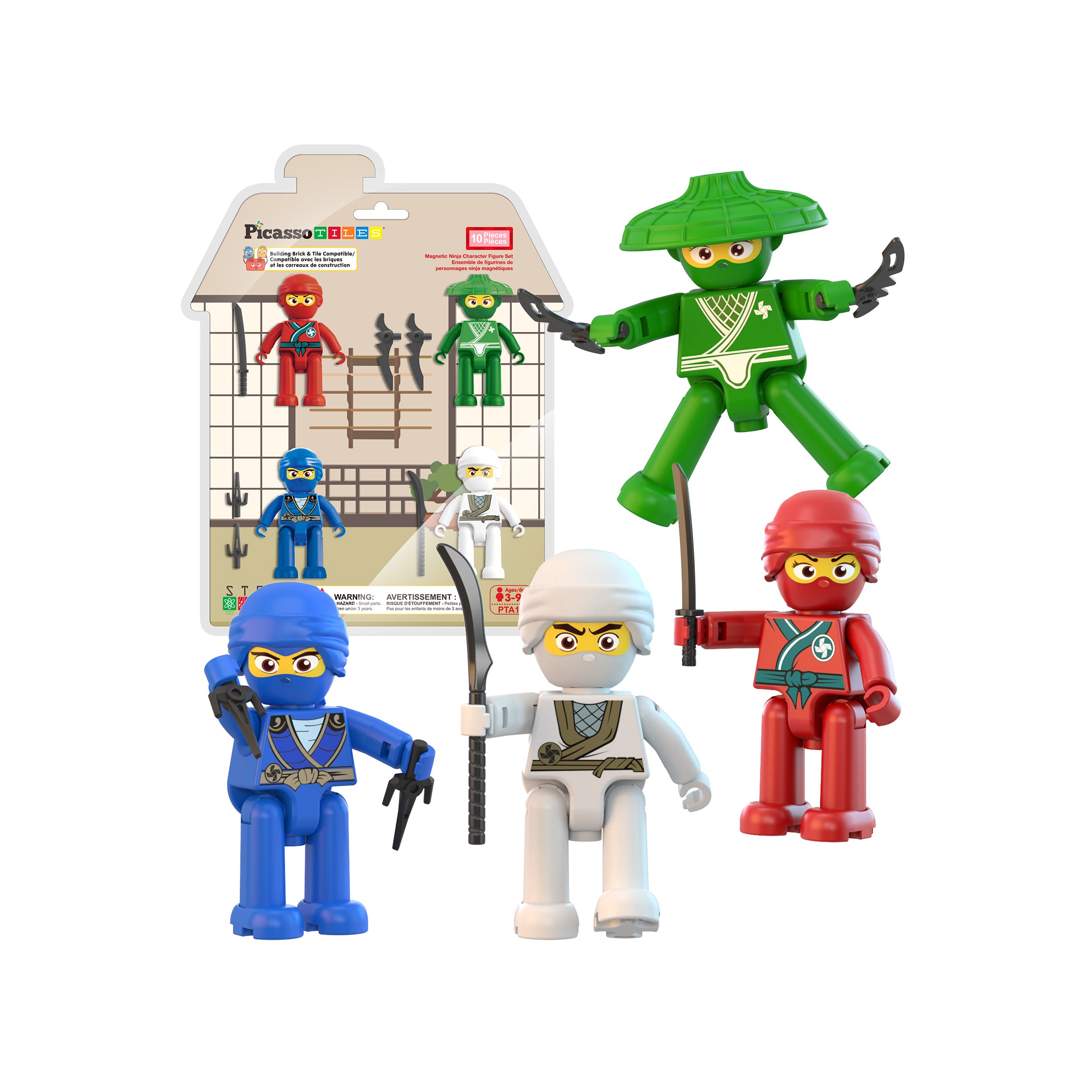 PicassoTiles 4 Piece Ninja Character Magnet Tile Figure Set