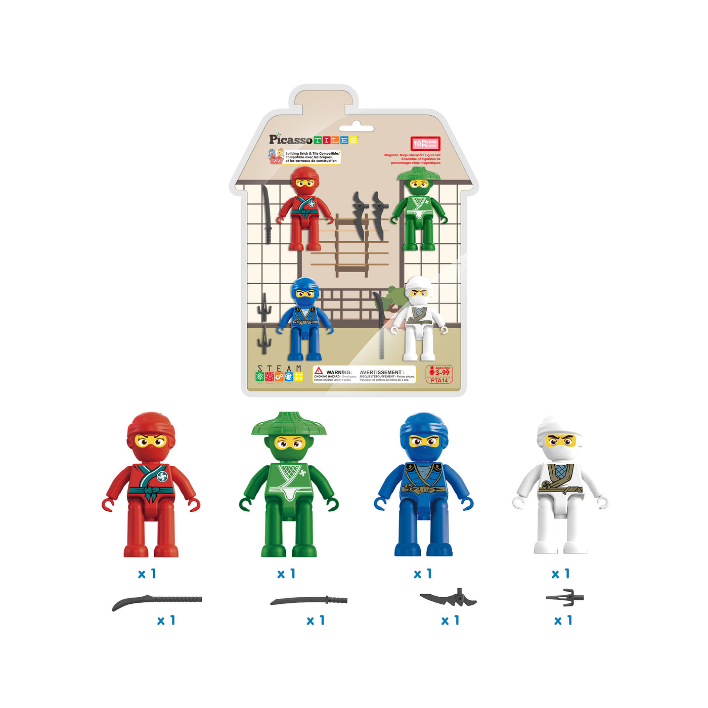 PicassoTiles 4 Piece Ninja Character Magnet Tile Figure Set