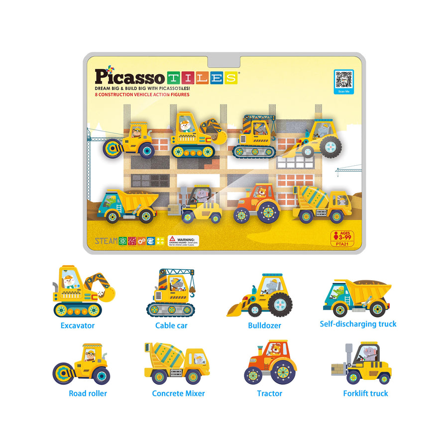 PicassoTiles 8pc Magnet Tile Zoo Animal Set on Construction Vehicles