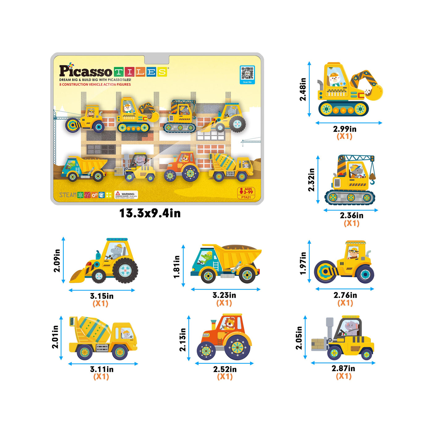 PicassoTiles 8pc Magnet Tile Zoo Animal Set on Construction Vehicles