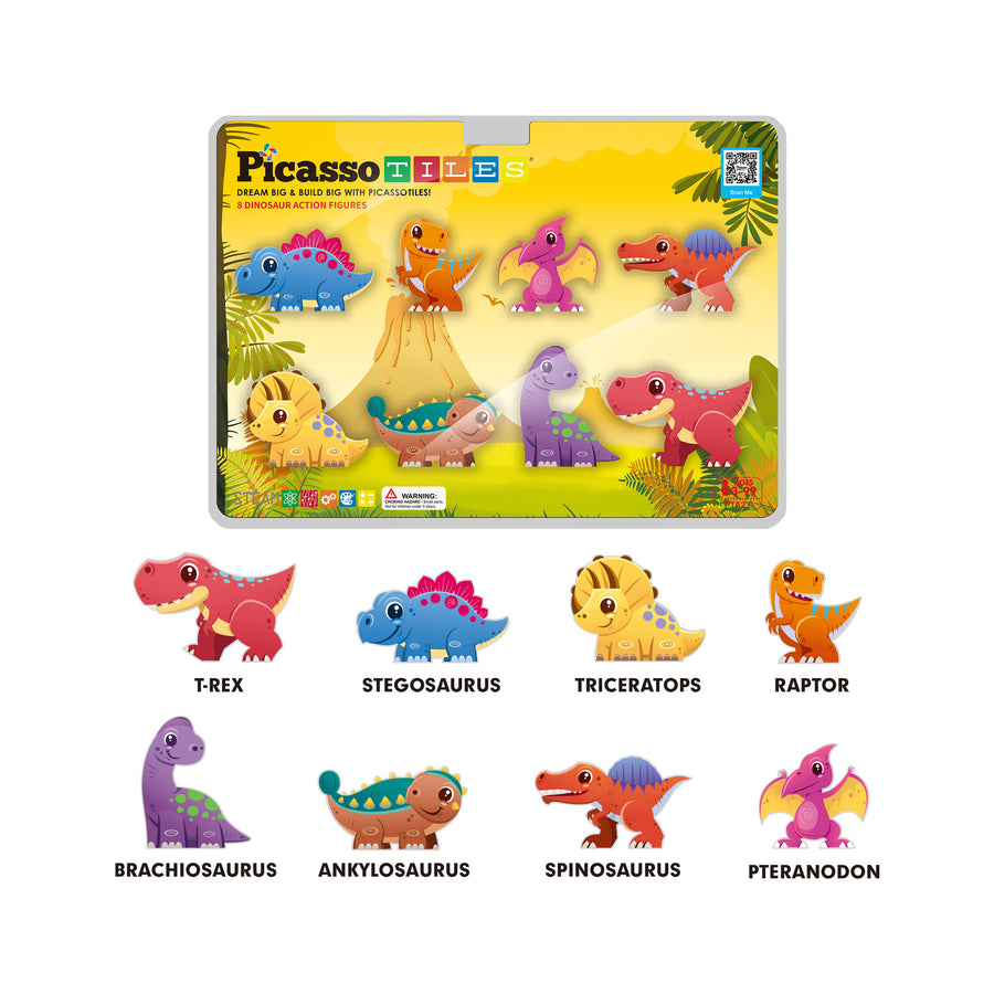 PicassoTiles Magnet Tiles Building Blocks 8 Dinosaur  Action Figures
