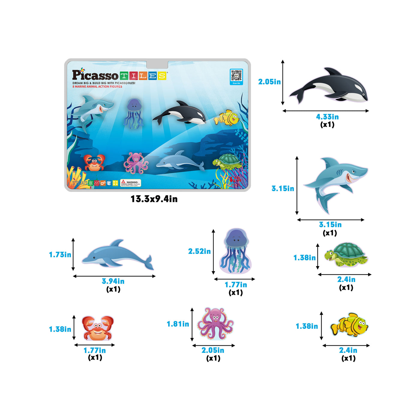 PicassoTiles Magnet Tile Building Blocks 8 Marine Animal Action Figures