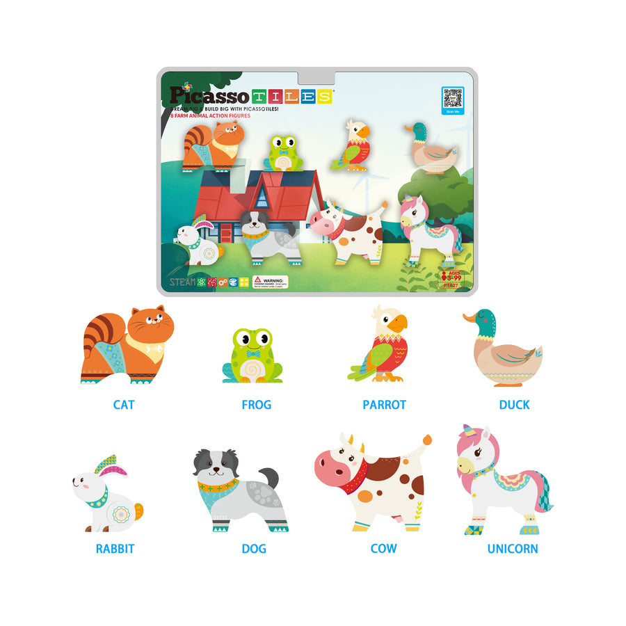 PicassoTiles 8pc Magnet Tile Building Blocks Farm Animal Action Figures