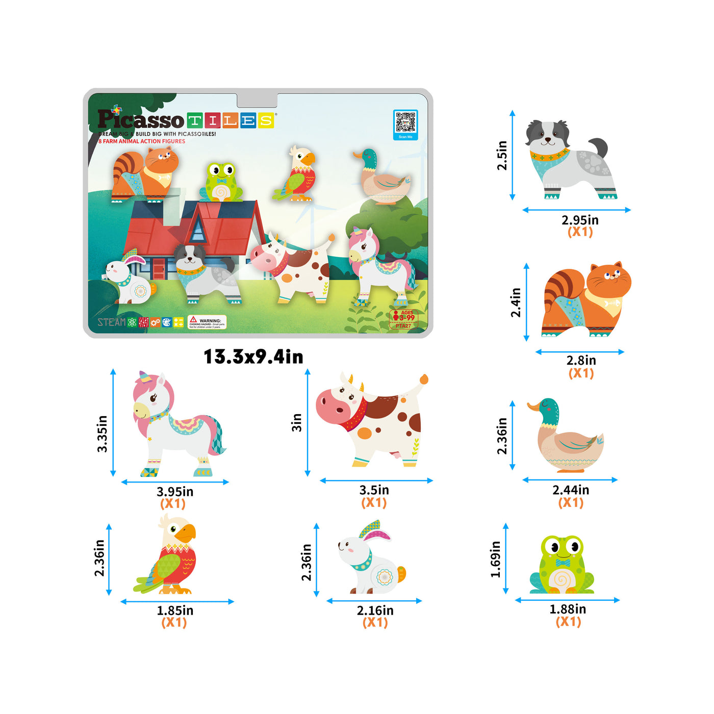 PicassoTiles 8pc Magnet Tile Building Blocks Farm Animal Action Figures