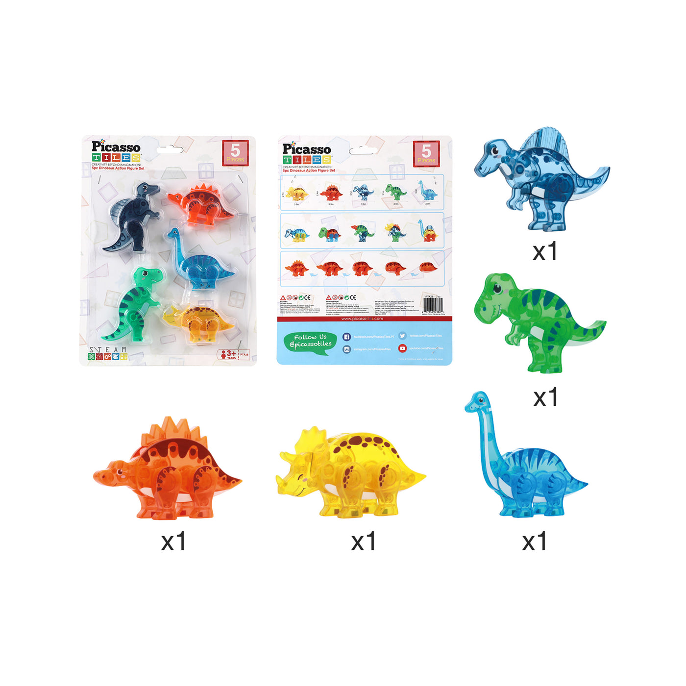 PicassoTiles Magnet Tile Dinosaur Mix & Match Character Prehistoric Friends