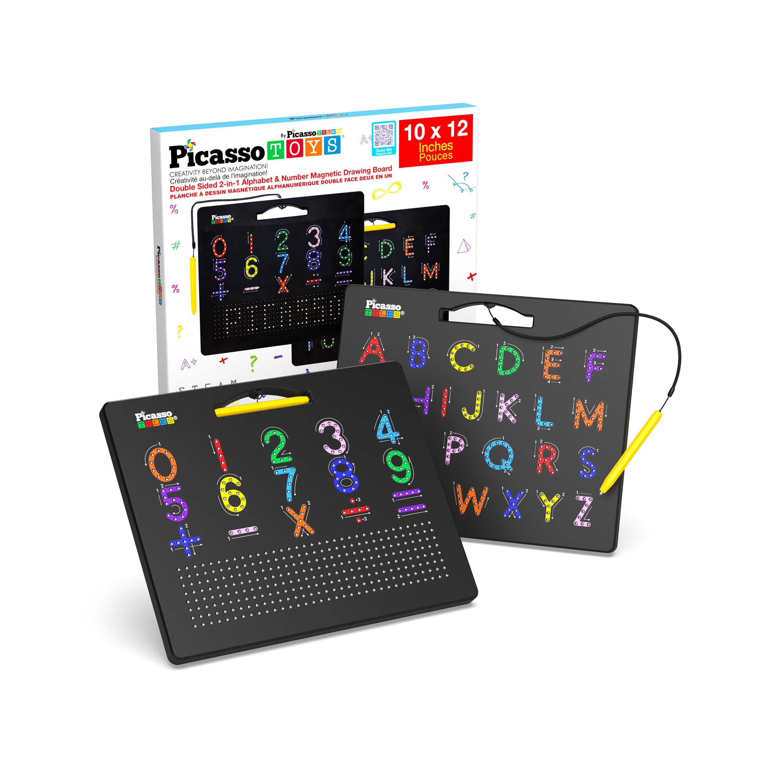 PicassoTiles 12”x10” Double-Sided Magnetic Drawing Board with Letters and Numbers