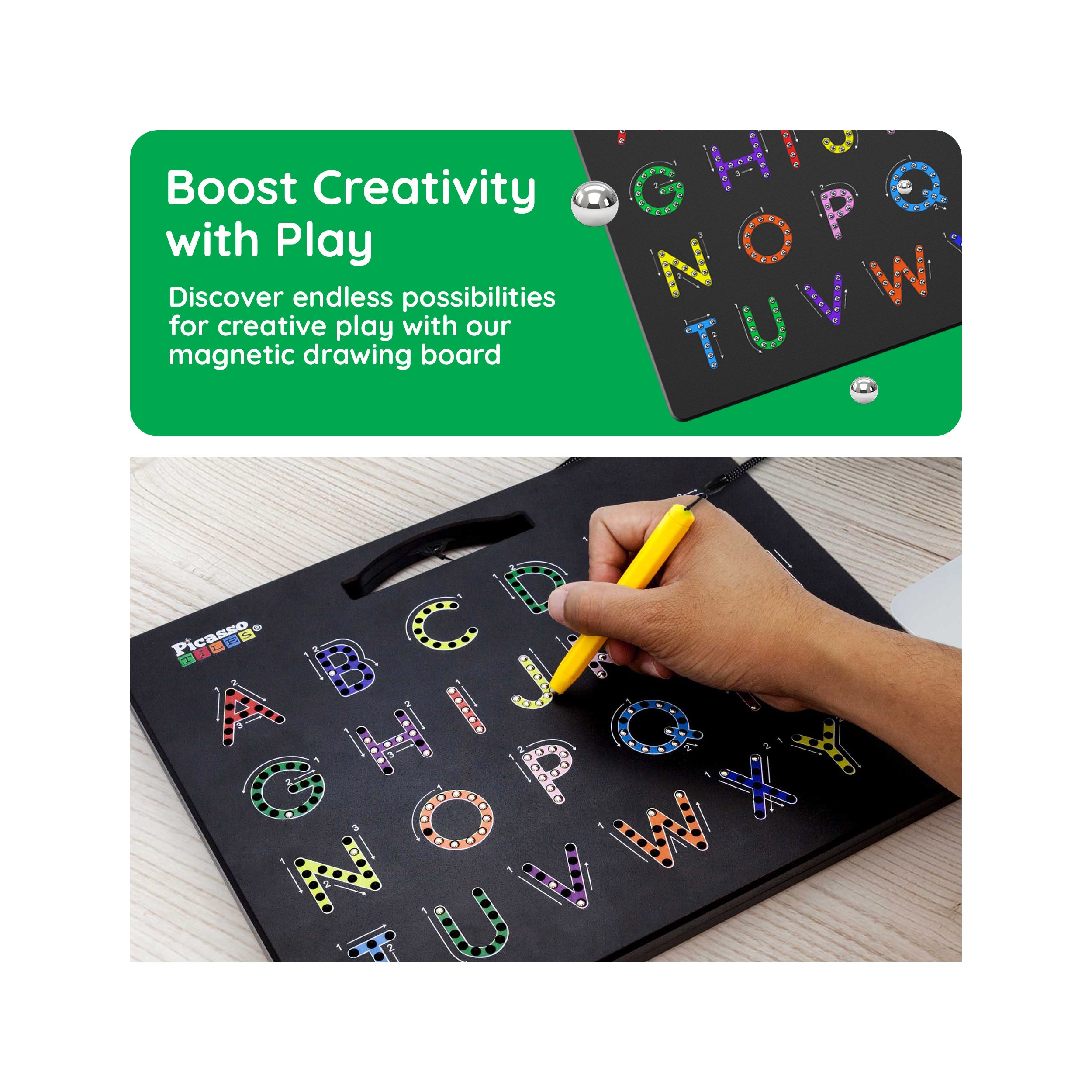 PicassoTiles 12”x10” Double-Sided Magnetic Drawing Board with Letters and Numbers