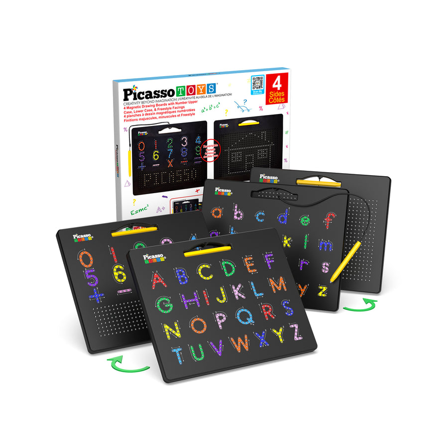 PicassoTiles 2PK 4-in-1 Large Magnetic Drawing Board: Alphabets and Numbers Tracing