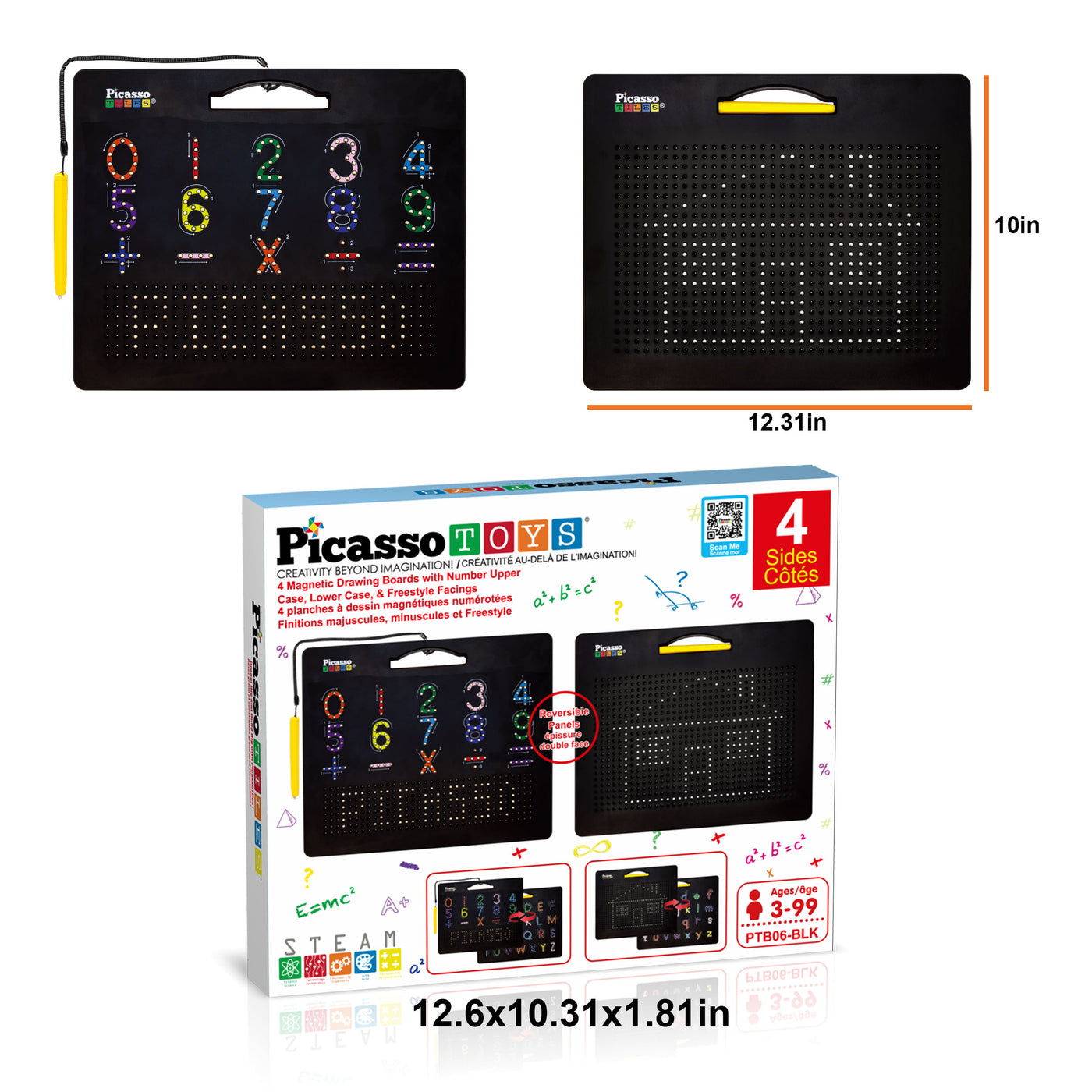 PicassoTiles 2PK 4-in-1 Large Magnetic Drawing Board: Alphabets and Numbers Tracing